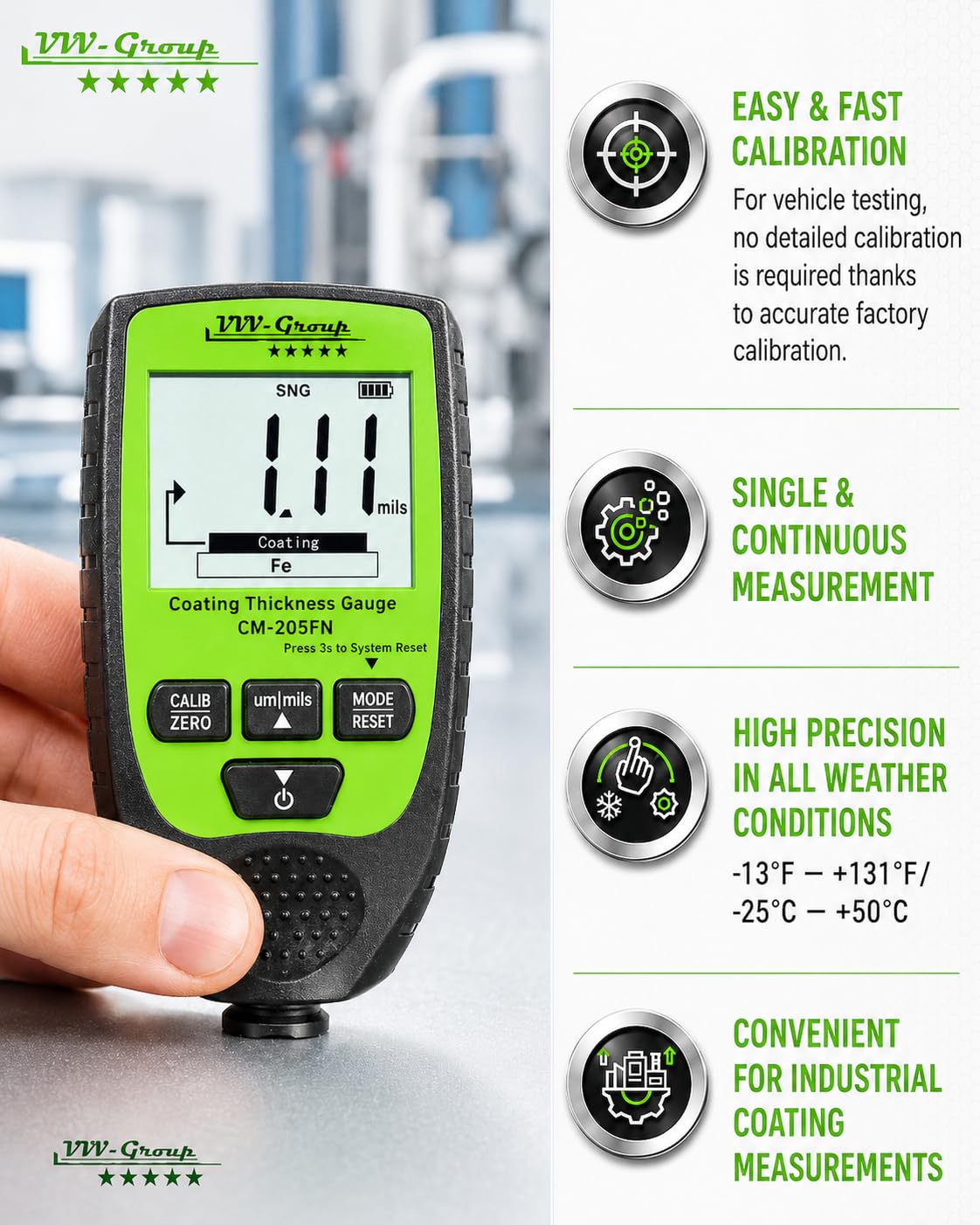 Paint Thickness Gauge CM-205FN for Cars Digital Coating Thickness Meter Auto FeNFe Detection 0.1 m Resolution 01500 m 059.1 mils 3%2 m Accuracy Backlit LCD product thumbnail 5