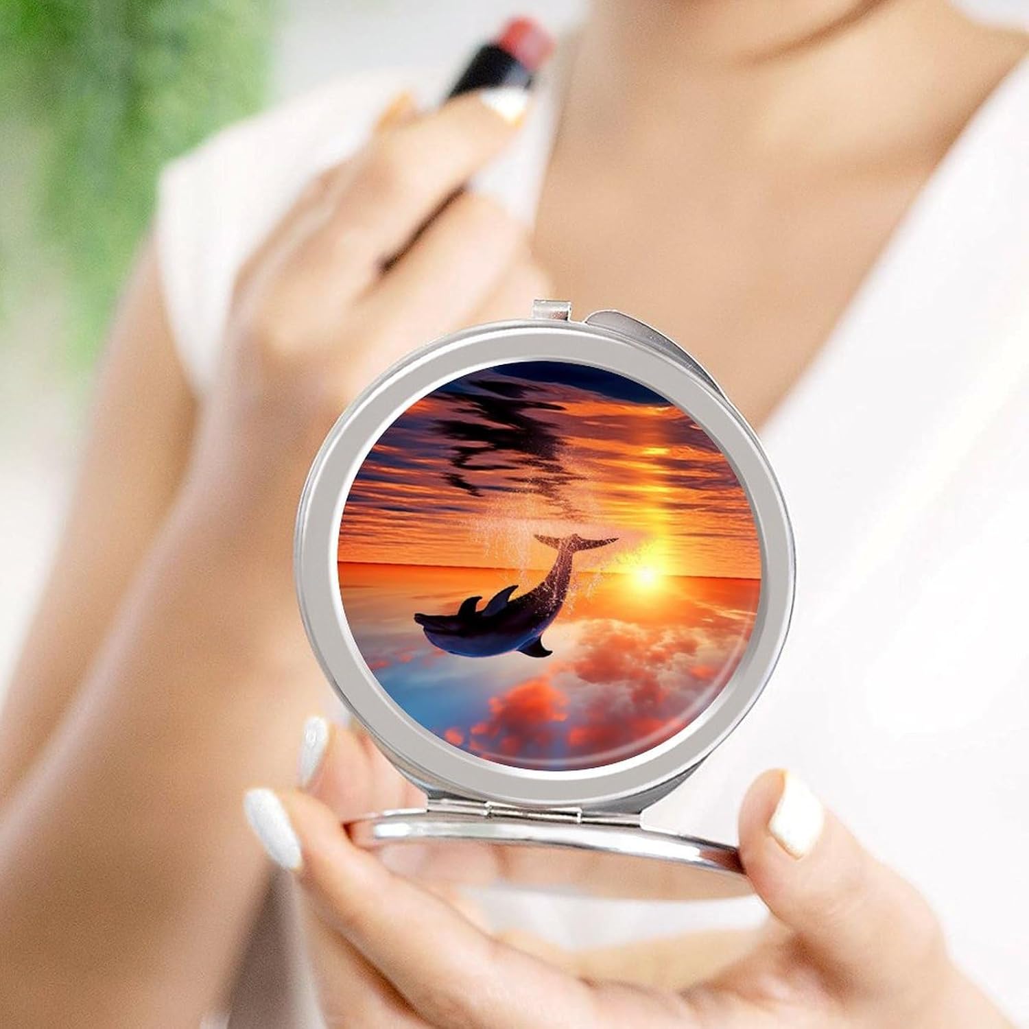 Travel Sunset Dolphin Makeup Mirror Compact Pocket Vanity Mirror Double-Sided 2X /1x Magnifying Round Folding Handheld Cosmetic Beauty Mirrors for Purse Handbag image 4