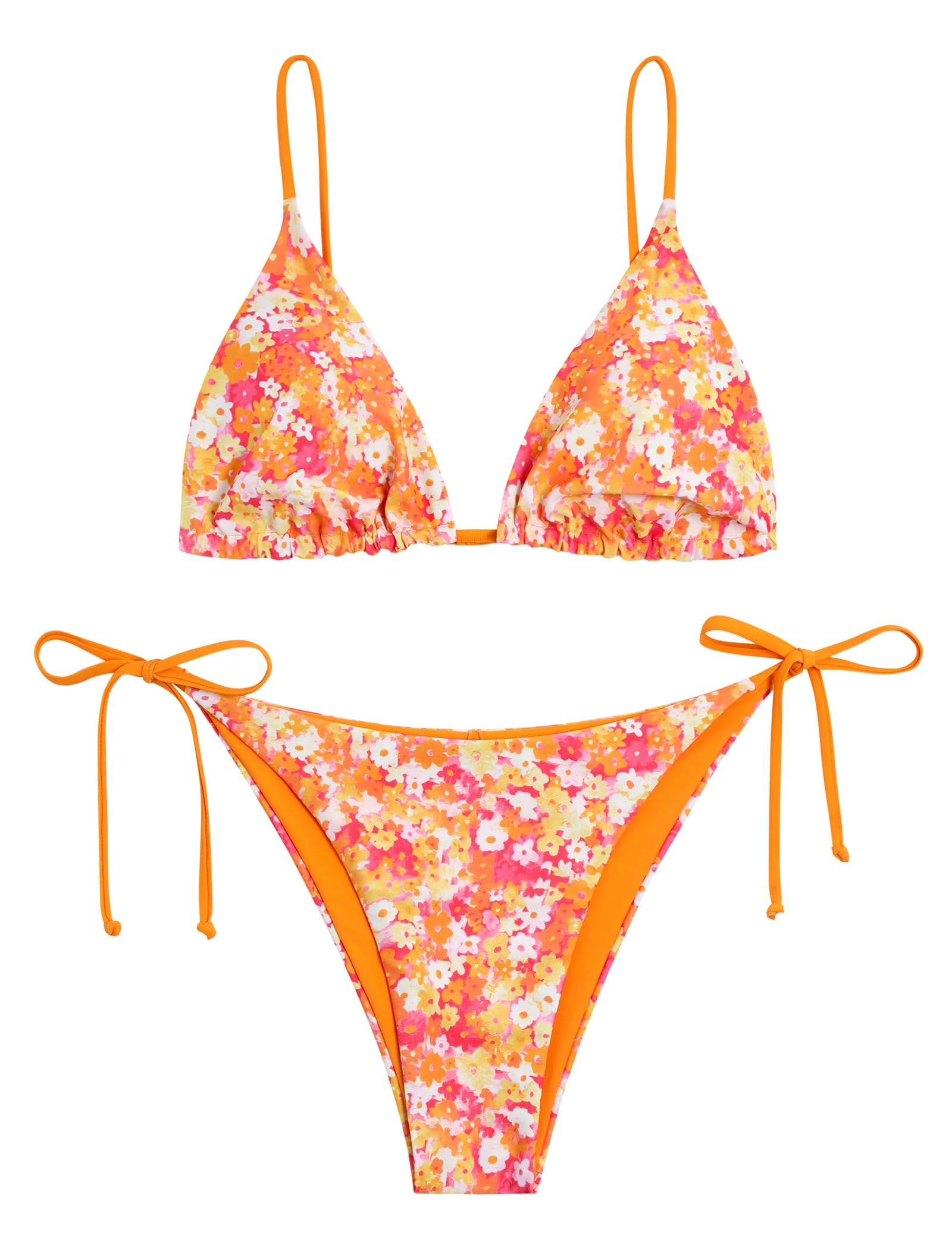ZAFUL Women's Triangle Bikini Floral String Bikini Set Two Piece Swimsuit Bathing Suits: 2-orange Flower Large