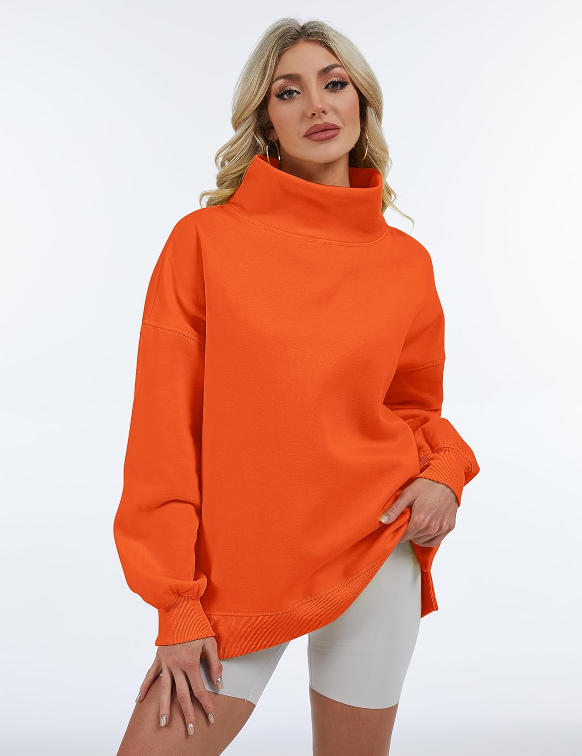 Womens Oversized Mockneck Sweatshirts Long Sleeve Turtleneck Pullover Casual Fall Drop Shoulder Hoodies Tops - Image 2