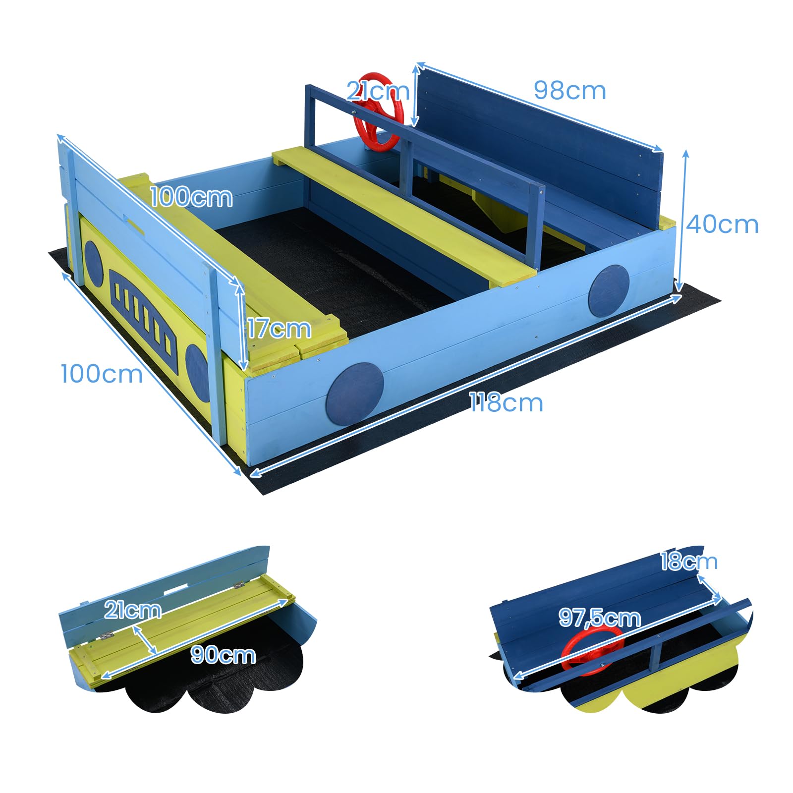 HOMASIS Sandkasten mit Deckel, Holz Kindersandkasten im Auto-Design mit Lenkrad, Sandkiste mit klappbarer Sitzbank für 2 Kinder, Sandbox mit Vliesboden, für Garten & Terrasse, 118 x 100 x 40 cm