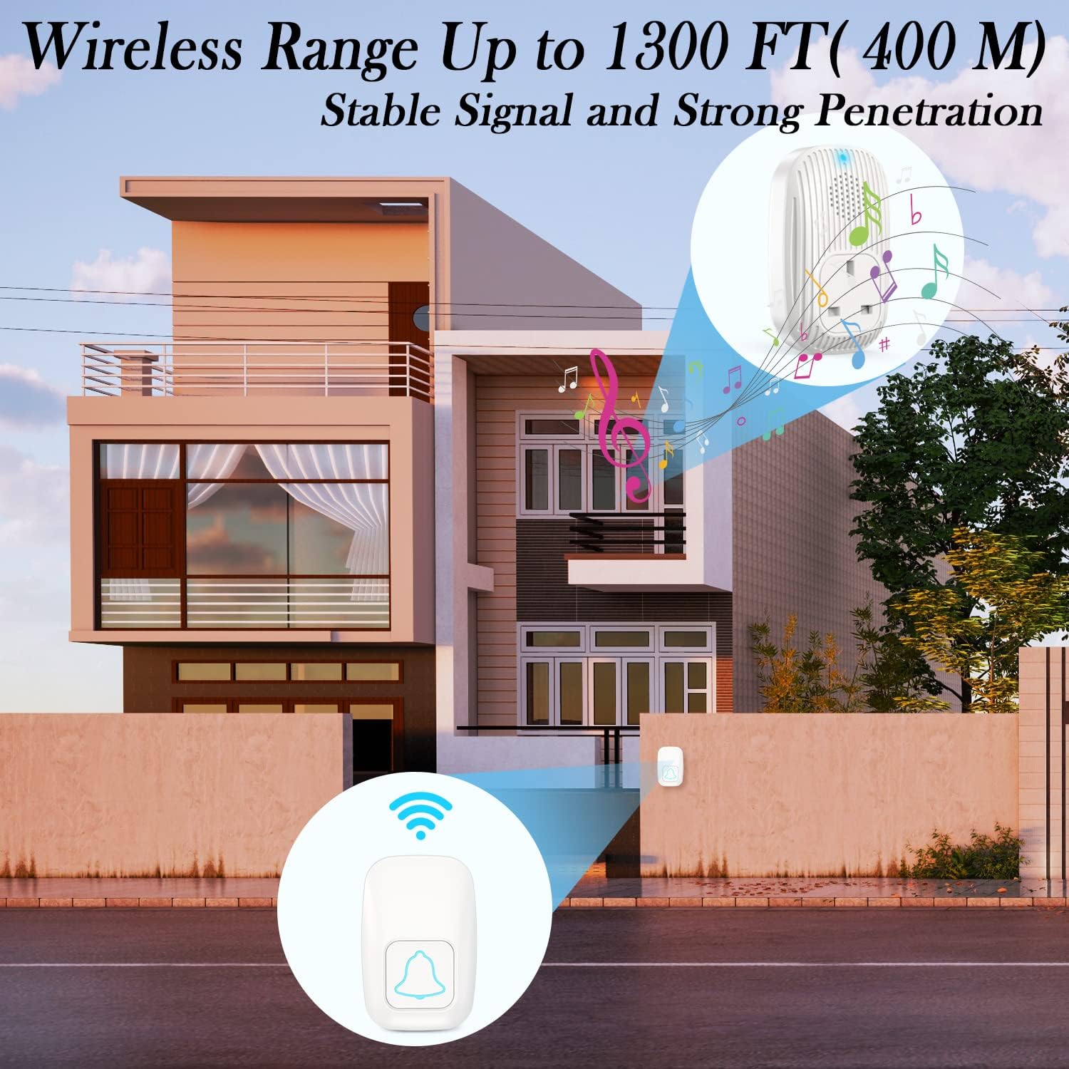 Wireless Doorbell with UK Socket and USB Ports, 400 M Range Plug in Cordless Doorbell Chime Kit with LED Indicator, 36 Chimes 4 Volume Level and Waterproof Wall Plug in Doorbell with 1 Receiver - Image 5