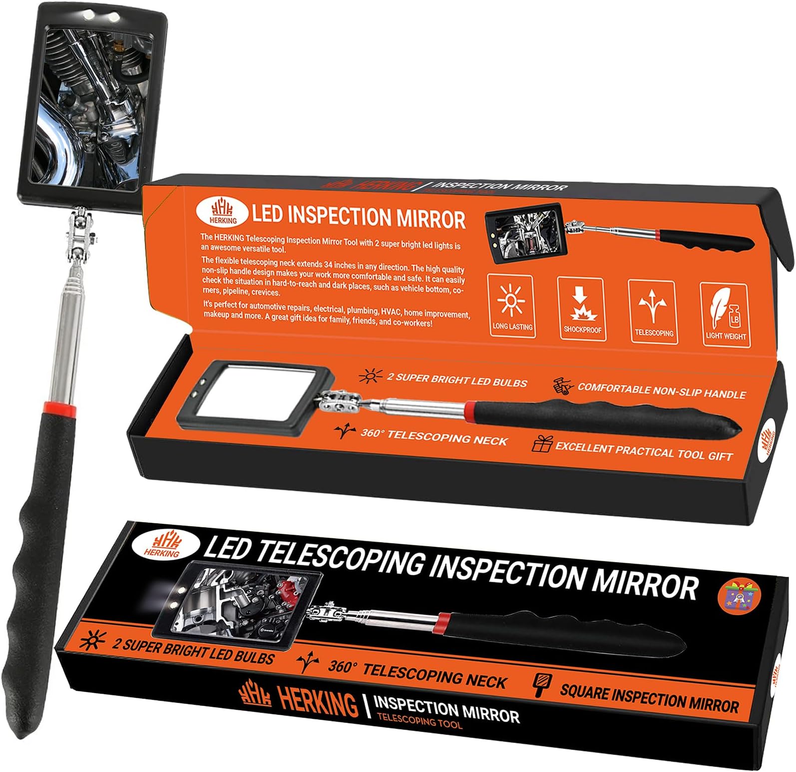 HERKING Stocking Stuffers for Men - Telescoping Inspection Mirror with LED Light, Square Mechanic Mirror Tool, Christmas Gifts for Men, Mens Gifts Idea for Dad, Husband, Boyfriend, Handyman