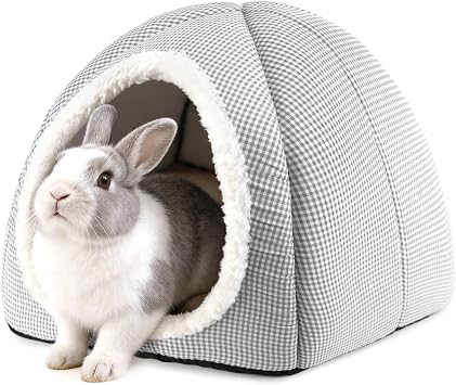 Rabbit Hideout Bed for Large Bunnies, Soft Plush Bunny House | Cozy Small Animal Hideaway with Removable Pad for Indoor Rabbits, Guinea Pigs, and Ferrets, Light Gray
