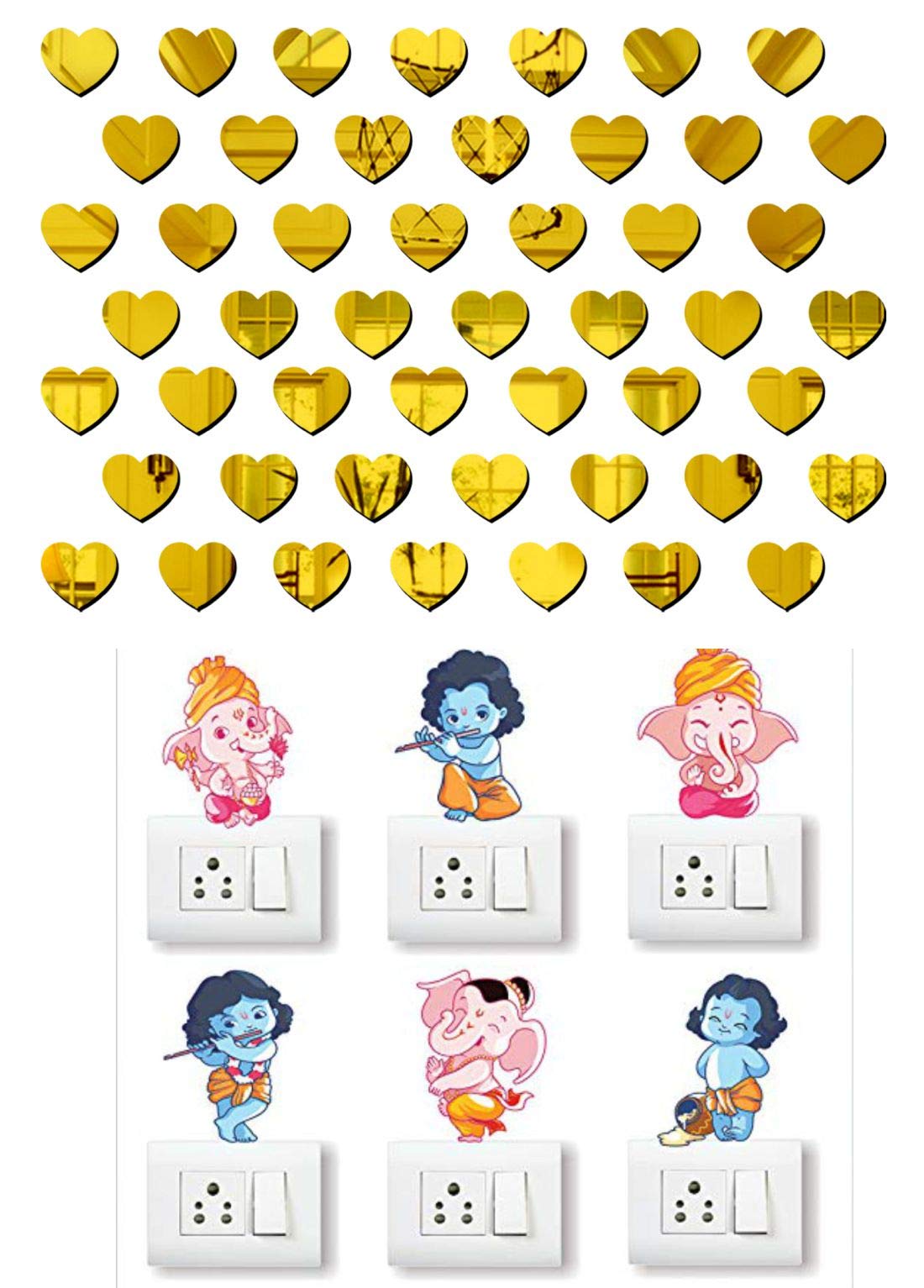 Walltech Combo Pack of Wall Stickers Small Heart Golden 50 Acrylic Mirror with Ganesh and Friends (Set of -5) Switch Board Sticker