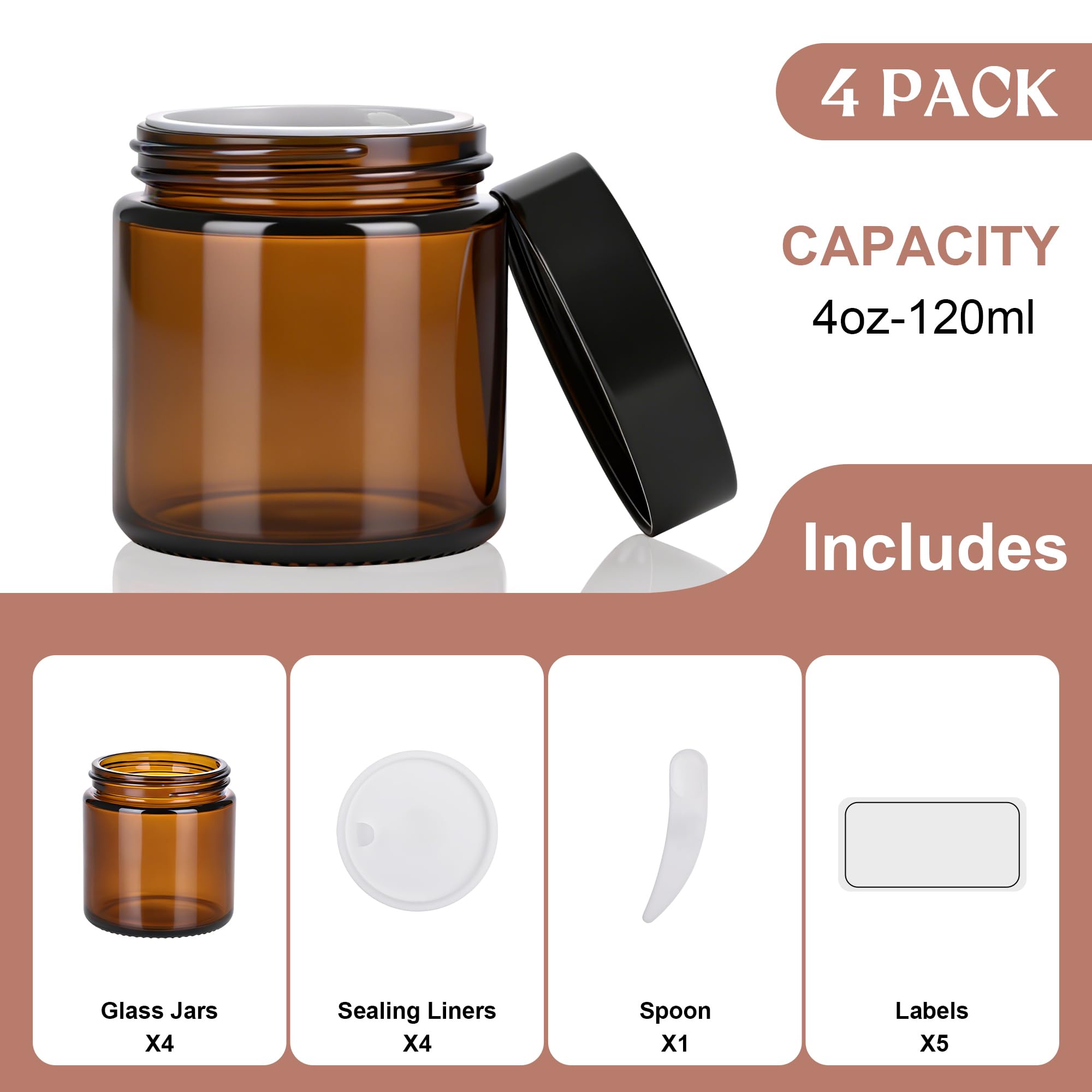 4oz Amber Glass Jars with Lids,Cosmetic Containers with Inner Liners for Creams, Lotions, Body Scrubs, Salve Jars,4 Pack - 5