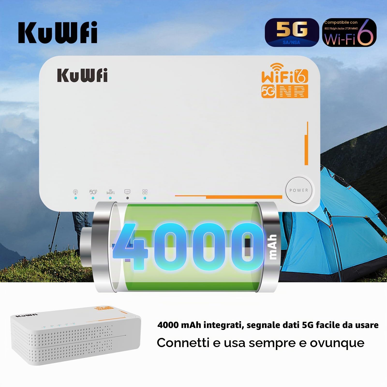 KuWFi 5G Router WiFi Con SIM, 4G/5G SA/NSA Router WiFi6, AX3600 Modem 5G SIM supporta fino a 4,6 Gbps, batteria 4000Mah, 6 antenne interne, cellulare Wireless Support fino a 32 dispositiv(Senza eSIM)