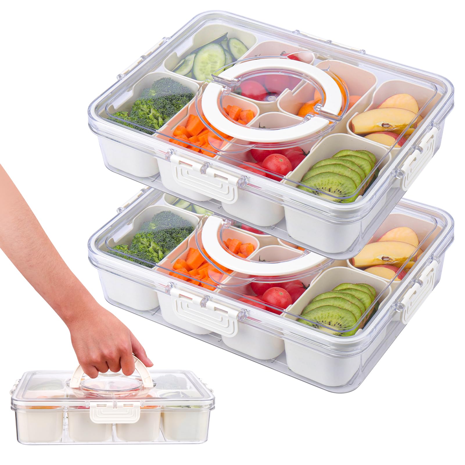 AIERSA Bandeja dividida para servir con tapa y asa, caja de aperitivos de 8 compartimentos, tablas de charcutería con tapa, contenedor de viaje para adultos, bandeja de aperitivos para frutas,