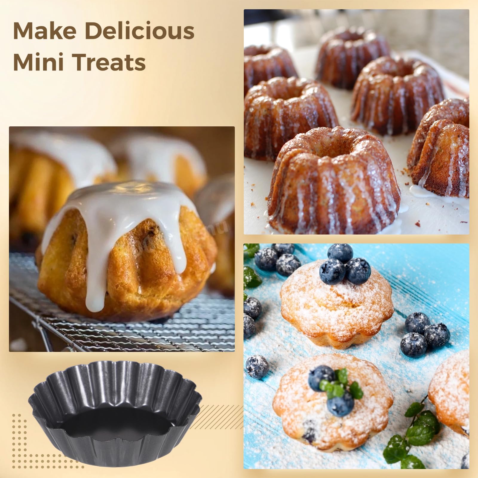Lot de 16 mini moules à tarte en acier au carbone anti-adhésif avec fond amovible de 7,6 cm, moules à gâteau cannelés, moules à tarte en forme de fleur, moules de cuisson pour tartes, pudding, mini