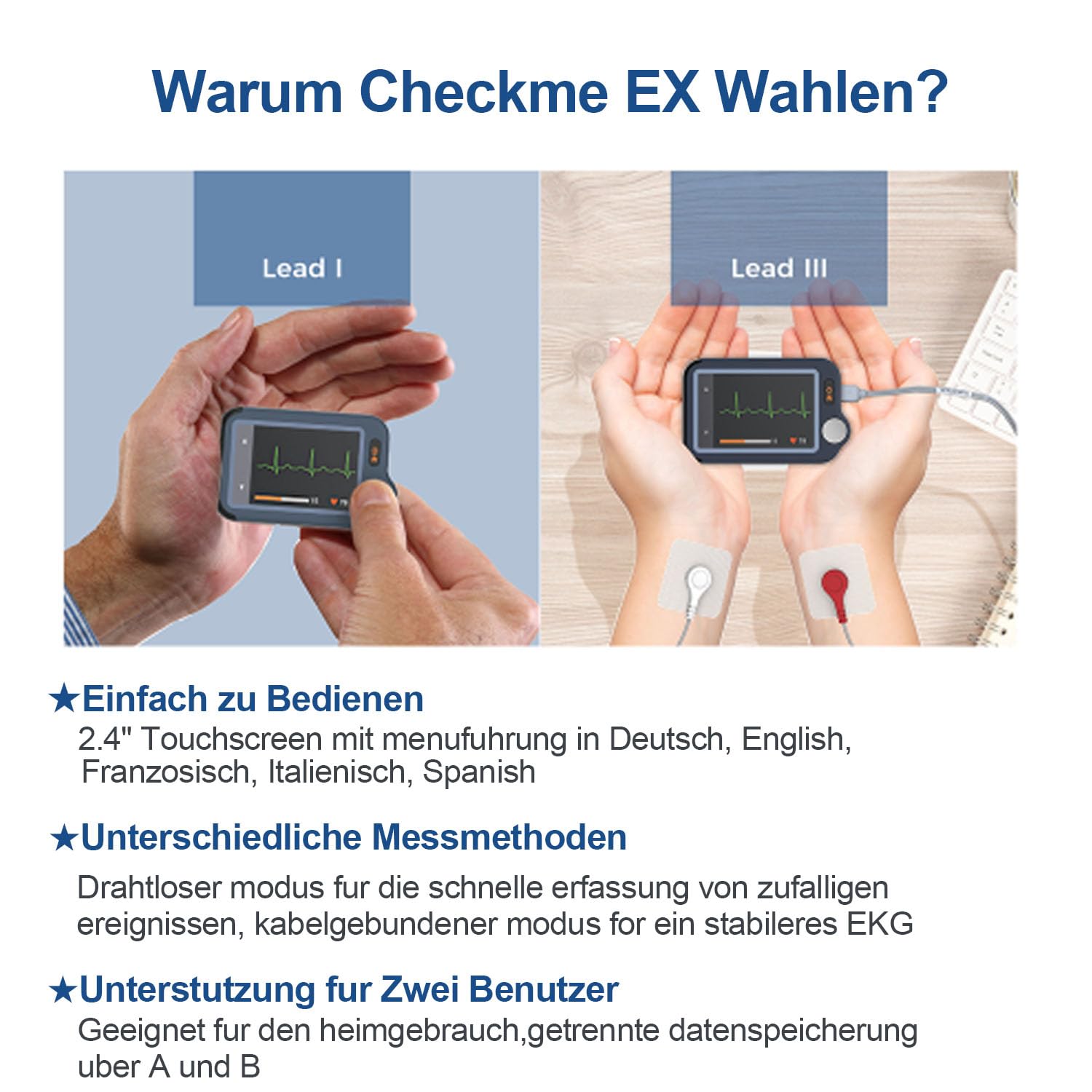 CheckMe Plus EKG Gerät für Zuhause, KI-Analysefunktion, 30s/ 60s/5min Messzeit für Smartphone und PC, Persönlicher Tragbarer Herzgesundheits-Tracker, Großbild-Echtzeitanzeige
