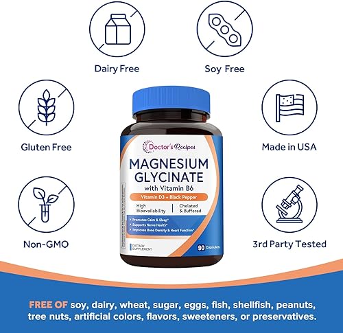 Miniatura 4 de Doctor's Recipes Glicinato de magnesio 420 mg con vitamina B6 y D3  Absorción mejorada con pimienta negra  Apoya la salud muscular, nervios, sueño y