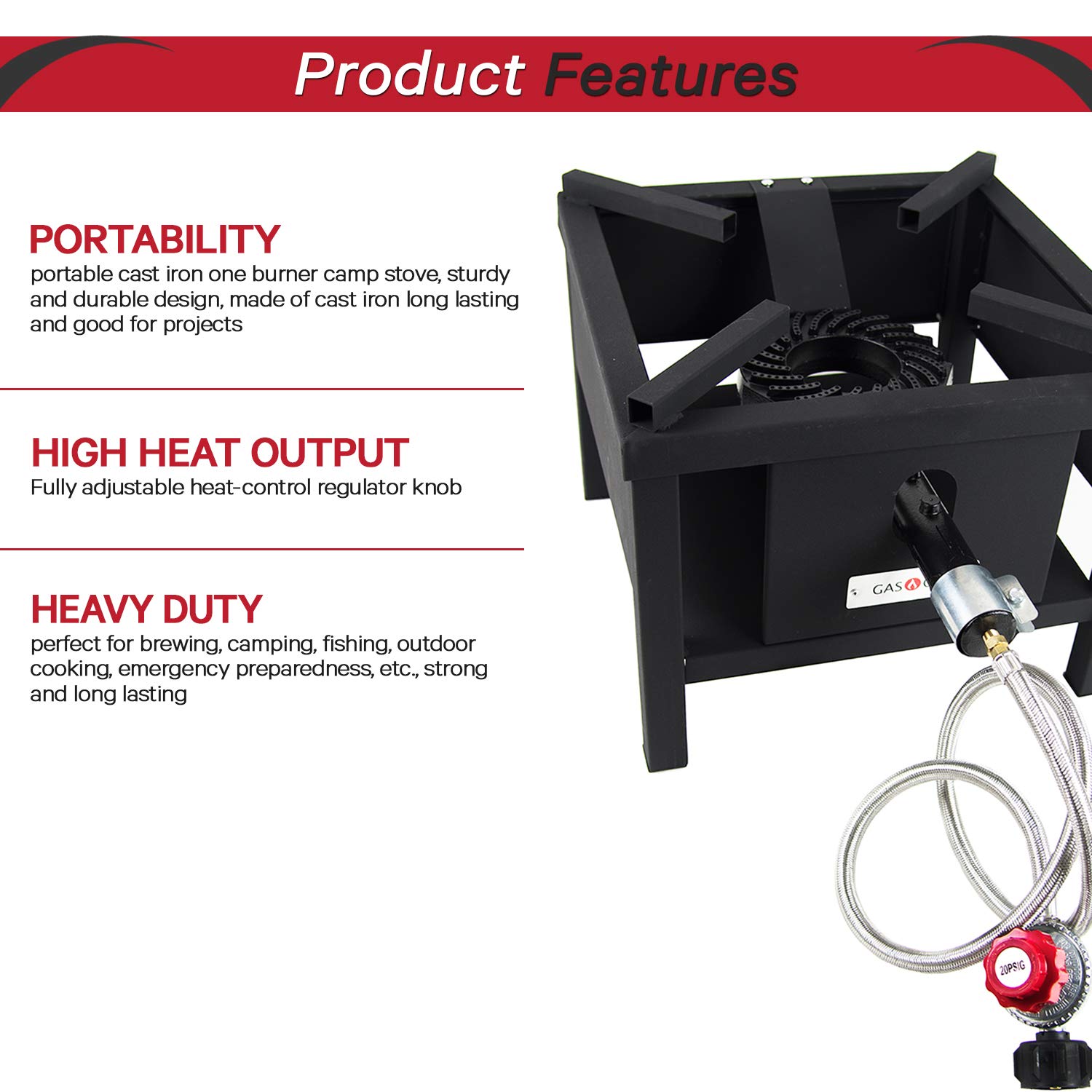 GasOne B5250 100,000 BTU Square HeavyDuty Propane Burner Outdoor Gas Cooker with Adjustable 0