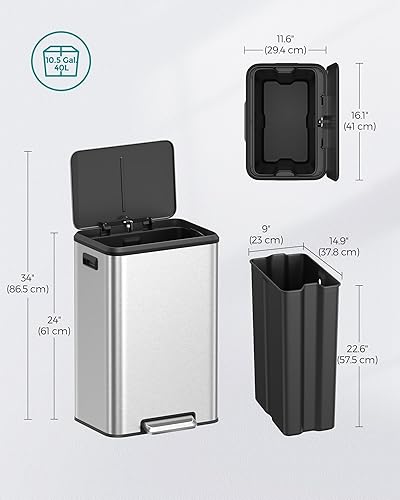 Miniatura 7 de SONGMICS Basurero de cocina, bote de basura de 10.5 galones (40 litros) con tapa y pedal ancho, cierre suave y se mantiene abierto, color plateado