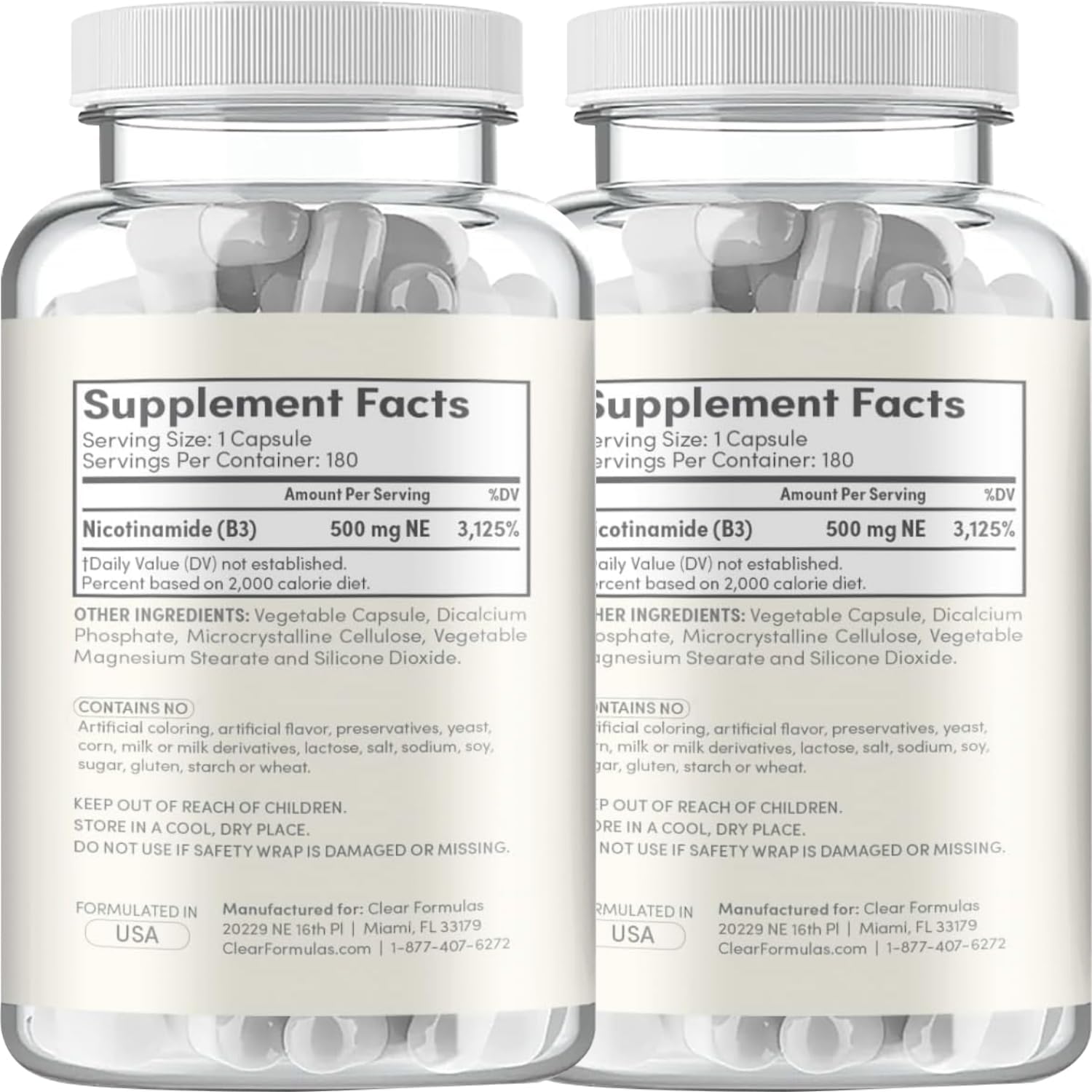 Vitamin B3 Nicotinamide 500mg - High Absorption Form of Vitamin B3 Niacin Flush Free for Hear Skin Brain and Energy Support - NAD Precursor - Made in a cGMP American Facility (360 Servings)
