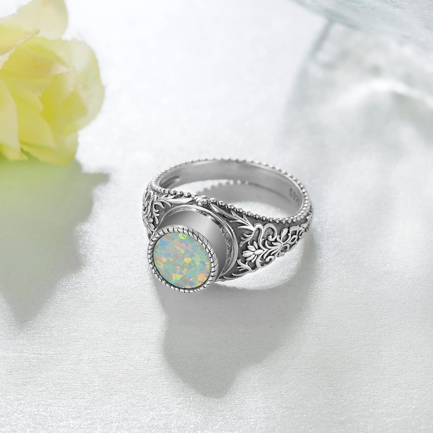 Urn Rings for Ashes Cremation Jewelry,925 Sterling Silver Created Lab Opal Cage Filigree Ashes Keepsake Urns Bands with w/Funnel Filler,Memorial Gifts for Women