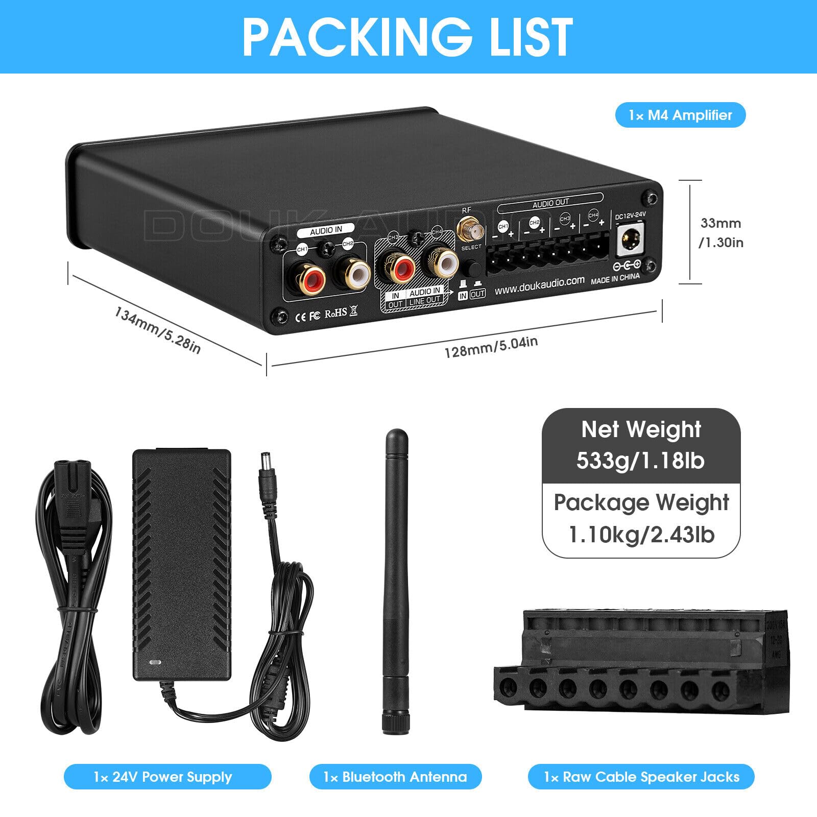 Douk Audio HiFi Bluetooth 5.0 Digital Power Amplifier Stereo 2/4 Channel Audio Amplificatore 50W x 4