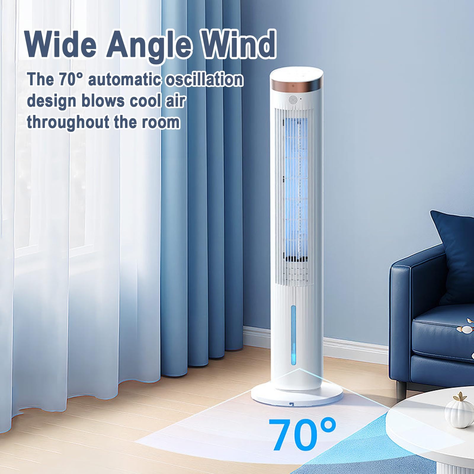 Ventiladores de Torre, 60W Ventilador Columna Refrigerante, Oscilación 70° | Ventilador de Pie Torre, Altura 106cm, 3 Velocidades, Enfriamiento con Cristales de Hielo, para Dormitorio
