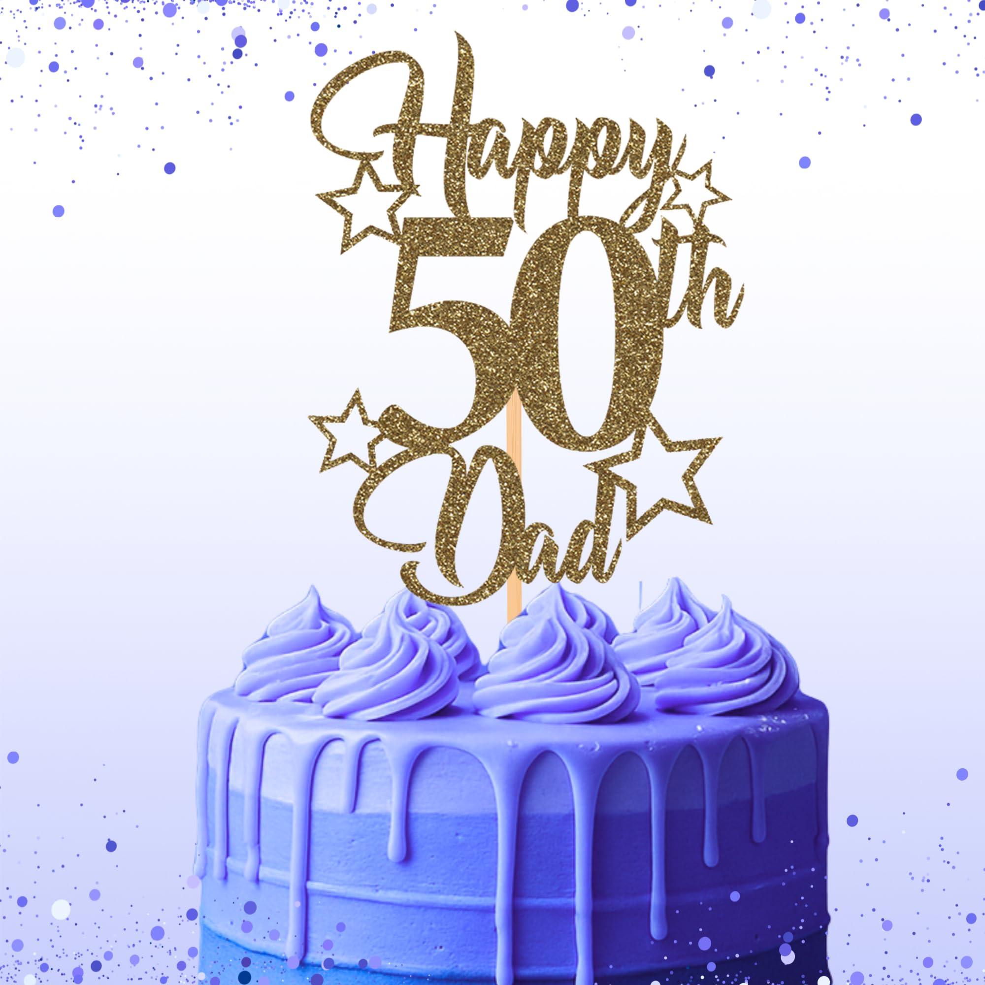 Glitter Birthday Cake Topper for Dad with stars, Birthday Cake Topper, Party Decorations, Party Supplies, 40, 50, 60, 70,80, 90 Many colours (50th, Gold (20cm))