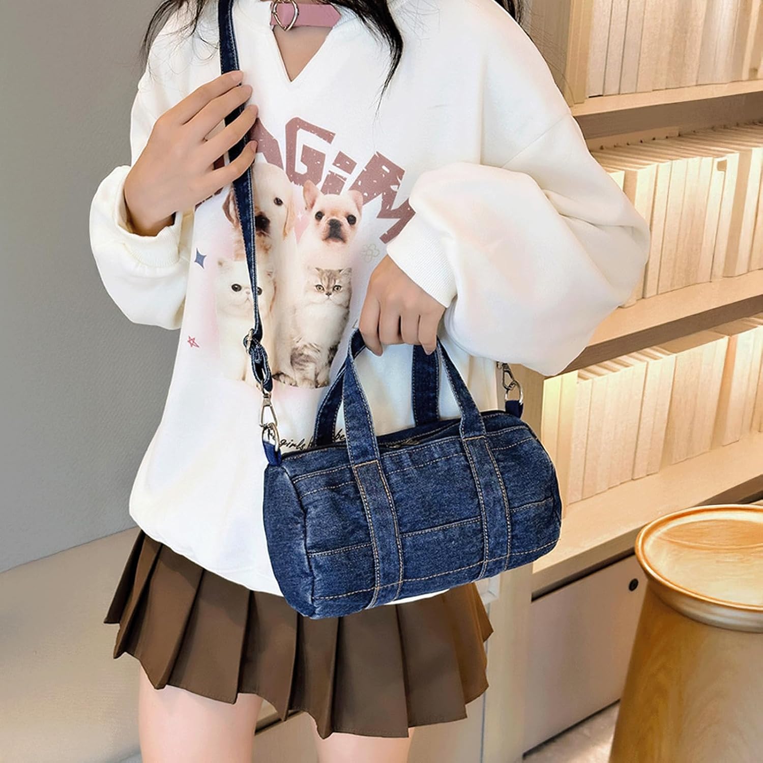 Denim Purse Barrel Crossbody Shoulder Bag Jean Minimalist Satchel Top Handle Round Bucket Handbag with Zipper