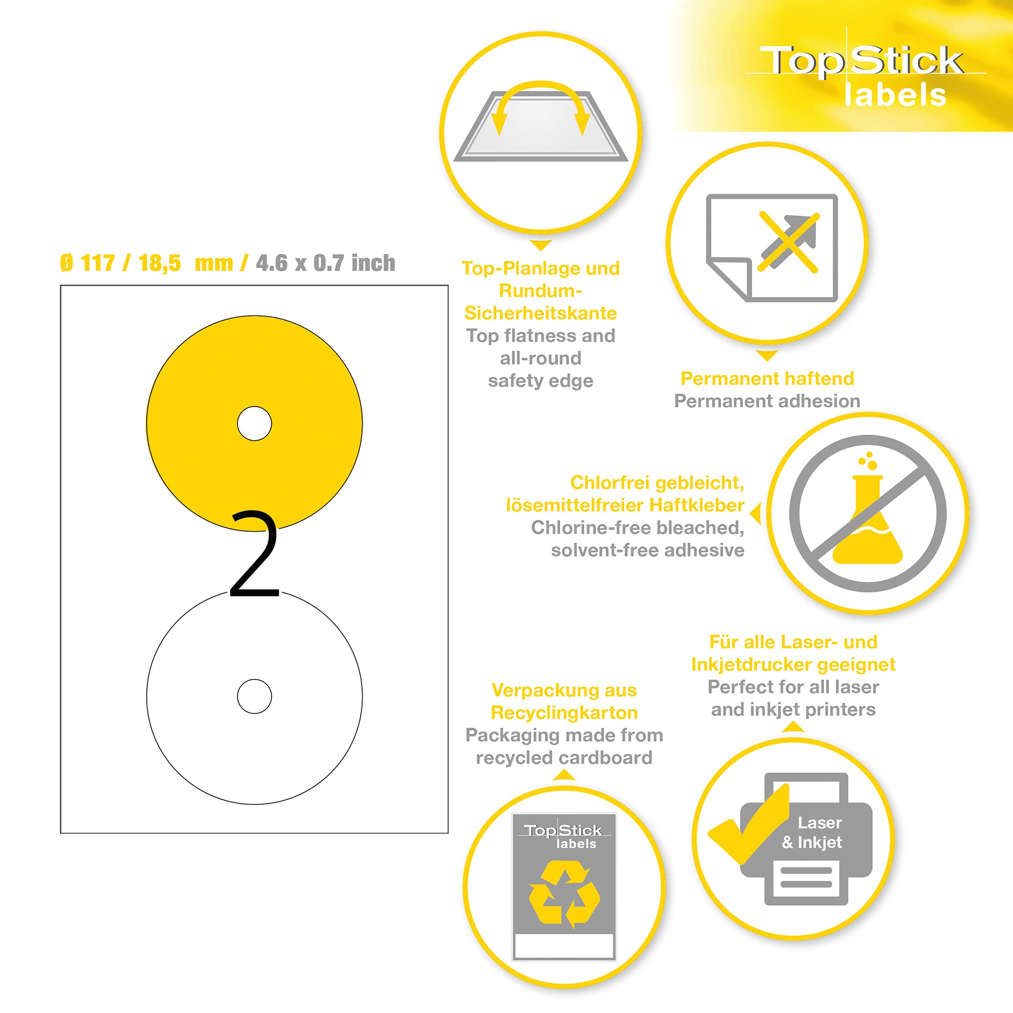 TopStick 8656 CD DVD Etiketten, 1000 Blatt, Ø 117 mm Maxi, 2 pro A4 Bogen, 2000 Stück, selbstklebend, bedruckbar, matt, blanko Papier Klebeetiketten Aufkleber, weiß