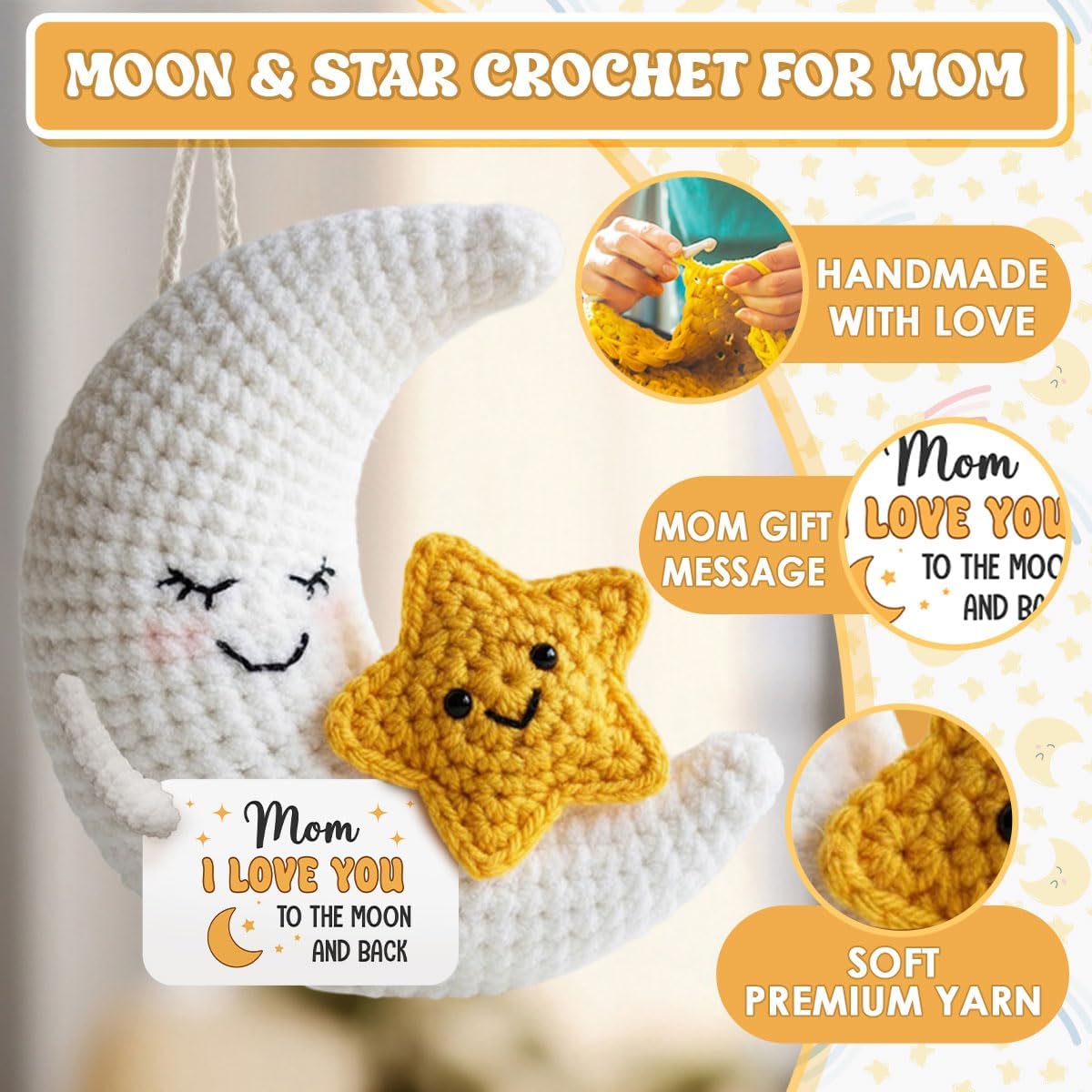 Birthday Gifts for Mom from Daughter Son - Crochet Gifts for Christmas Mothers Day, I Love You Mom to The Moon and Back Crochet, Gift Idea for Stepmom Mother in Law, Small Cute Decor Crochet