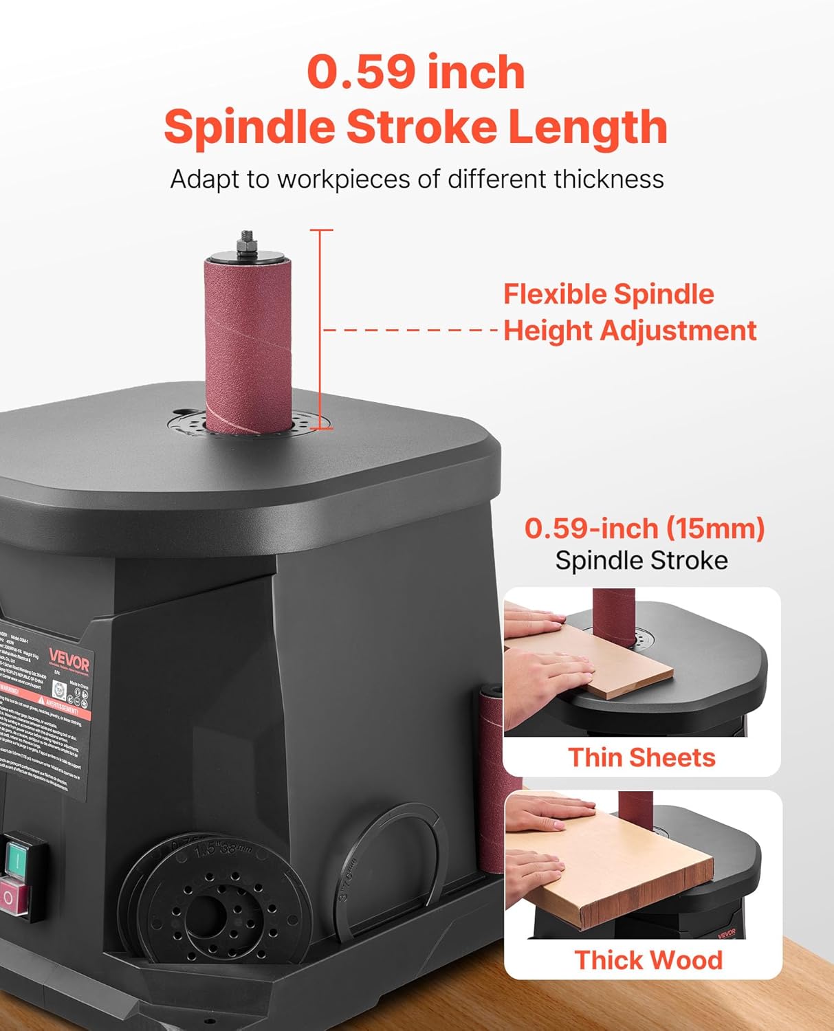 VEVOR Oscillating Spindle Sander, 2000RPM Benchtop Spindle Sander with 6 Sleeves (1/2"-3"), 0.59" Stroke & Dust Connection Port for Furniture Finishing, Crafts Sanding, DIY Woodworking
