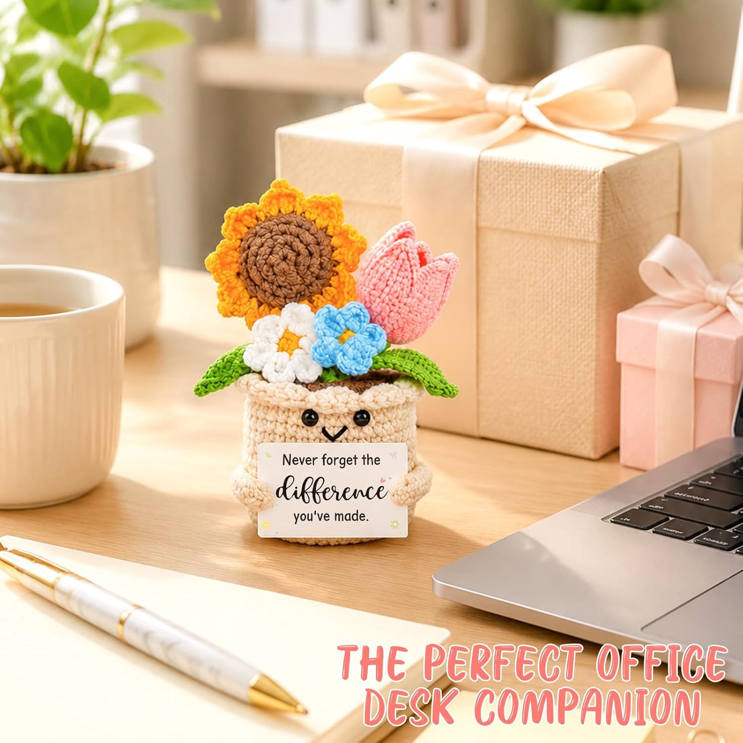 Crochet Flower Plant Gift, Difference You Make, Tulip Display Teacher Appreciation, Coworker, Employee, Thank You Gift, Handmade Desk Decor
