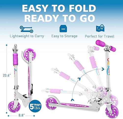 Miniatura 4 de BELEEV V1 Patinetas para niños, patineta plegable de 2 ruedas para niños y niñas, 3 alturas ajustables, ruedas iluminadas, patineta ligera