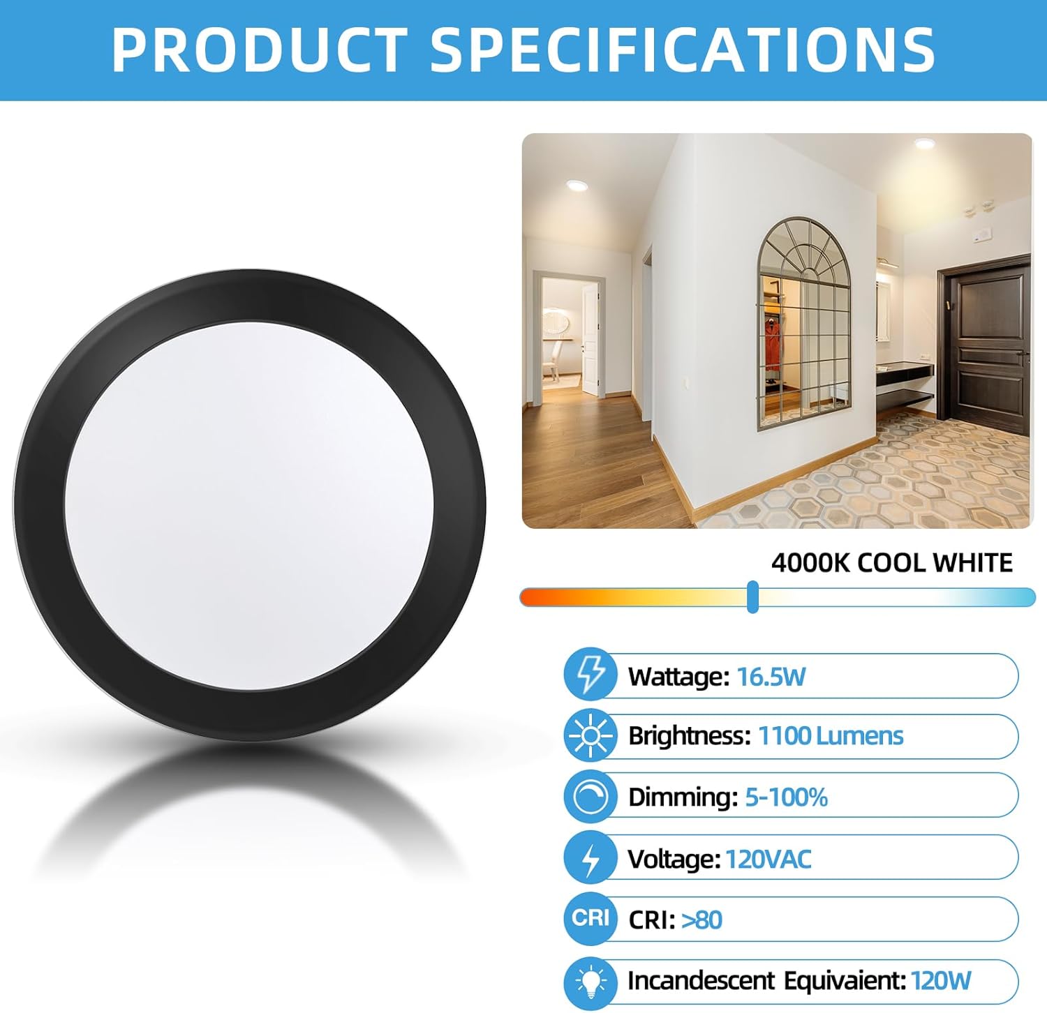 ECOELER LED Flush Mount Ceiling Light, 5/6inch Surface Mount Disk Downlight, 16.5W, 1100Lm, 4000K Cool White, Dimmable Flat LED Can Lights for Bathroom, Kitchen, Closet, ETL & FCC, Black