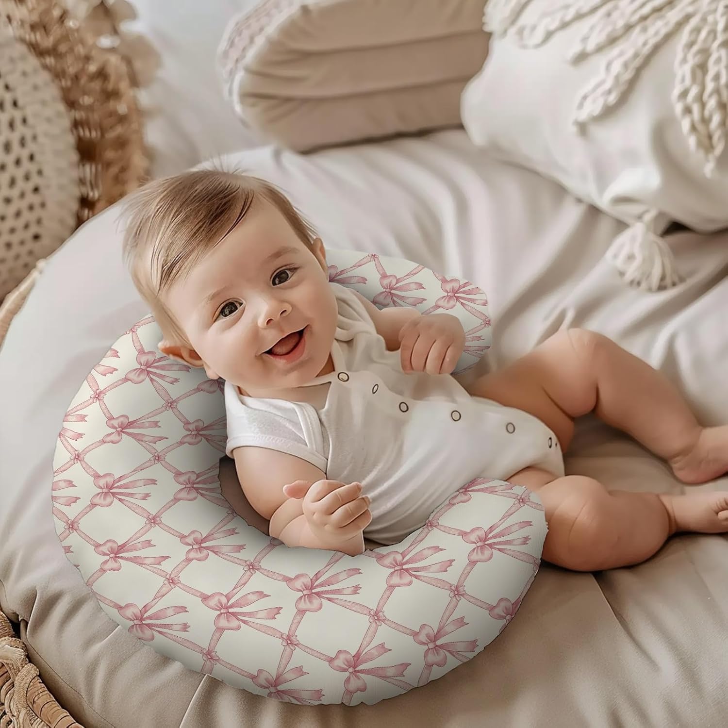 Cute Bows Flowers Floral Pattern Nursing Pillow Cover, Unisex Bows Removable Breastfeeding Pillowcase Slipcover for Baby Girls Boys Newborns Toddlers, Cover Only
