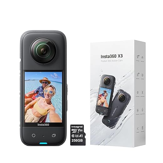 Insta360 X3-360 Degree Waterproof Action Camera with 1/2" Sensor, 5.7K 360, 72MP 360 Photos, Stabilisation, 2.29" Touch Screen, AI Editing, Live Streaming, Webcam, Voice Control with 256GB Memory Card