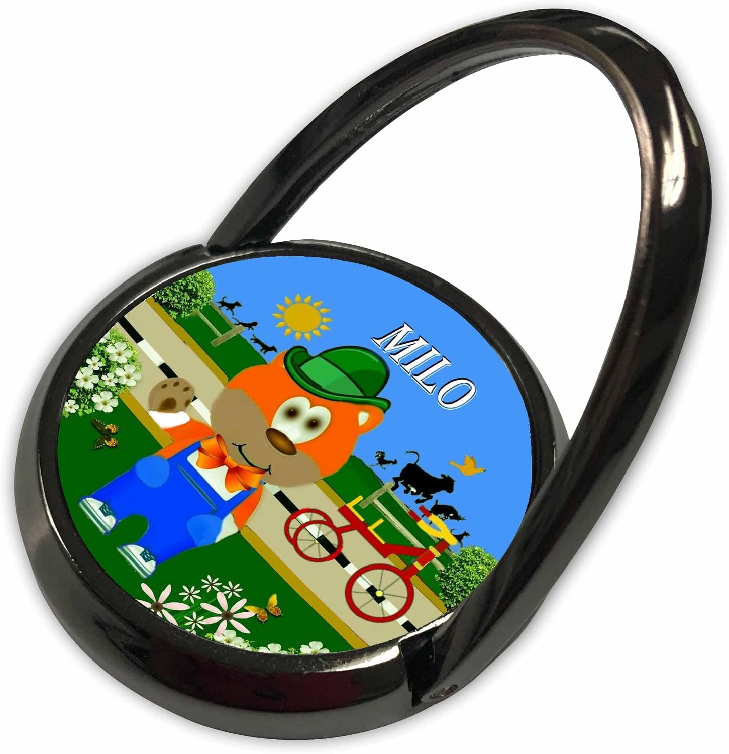 3dRose Decorative Bear Wearing Overalls with the Name Milo Phone Ring
