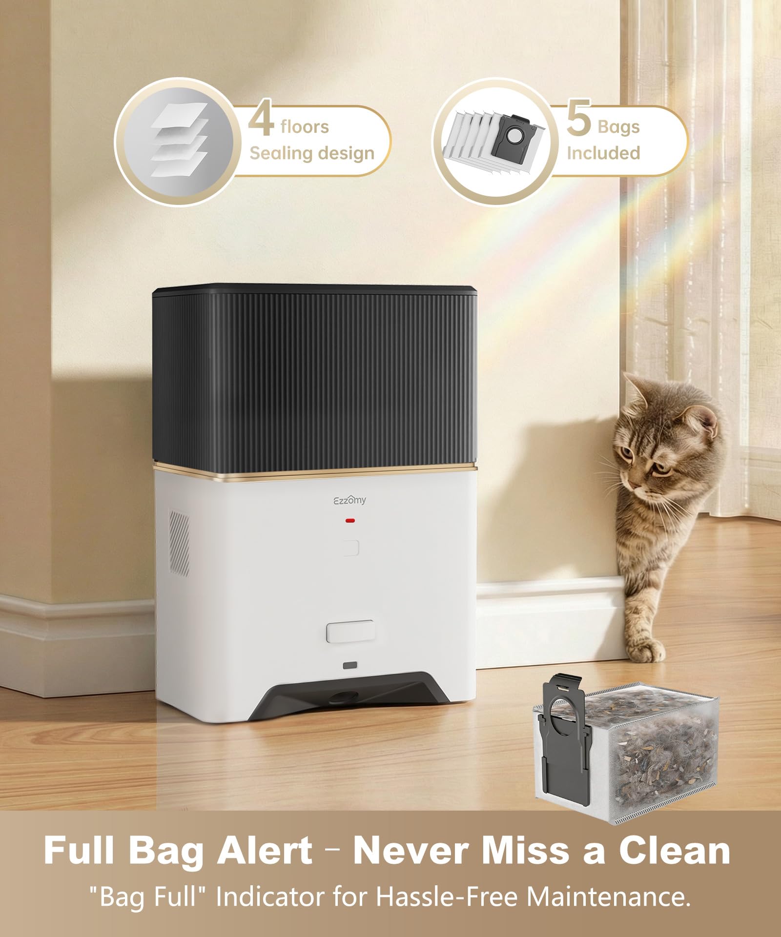 Touchless Vacuum Automatic Dustpan, Bagged Design with Replaceable Dust Bags, Up to 3-Month No Cleaning, 26,000Pa Powerful Suction, One-Touch Auto & Manual Mode for Pet Hair Kitchen & Salon - 5