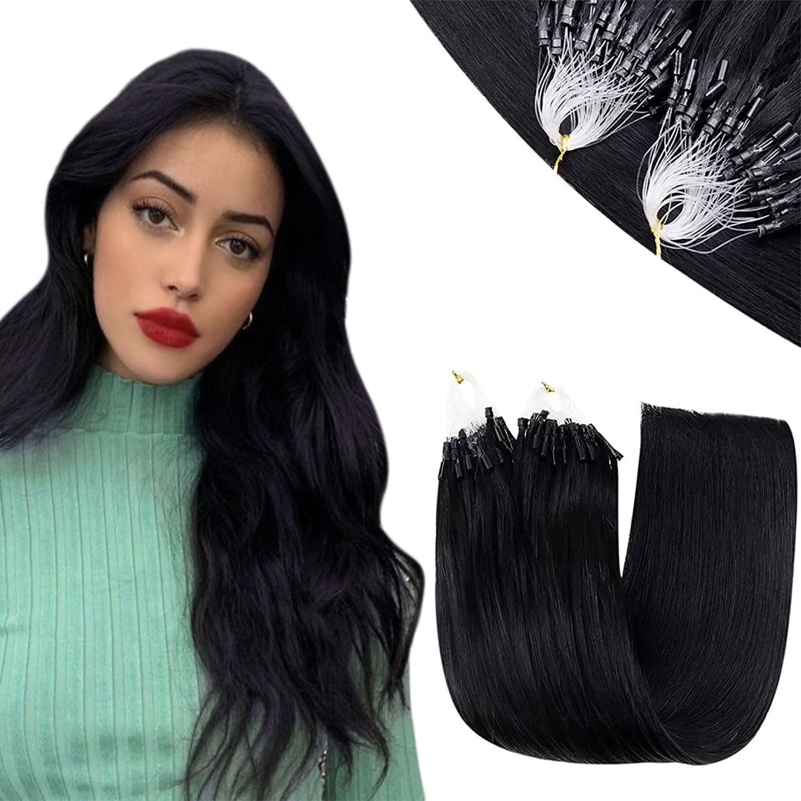 RUNATURE Micro Loop Hair Extensions Real Human Hair Jet Black Micro Hair Extensions Natural Looking Cold Fusion Remy Straight Black Micro Beads Hair 16inch 50s 50g #1