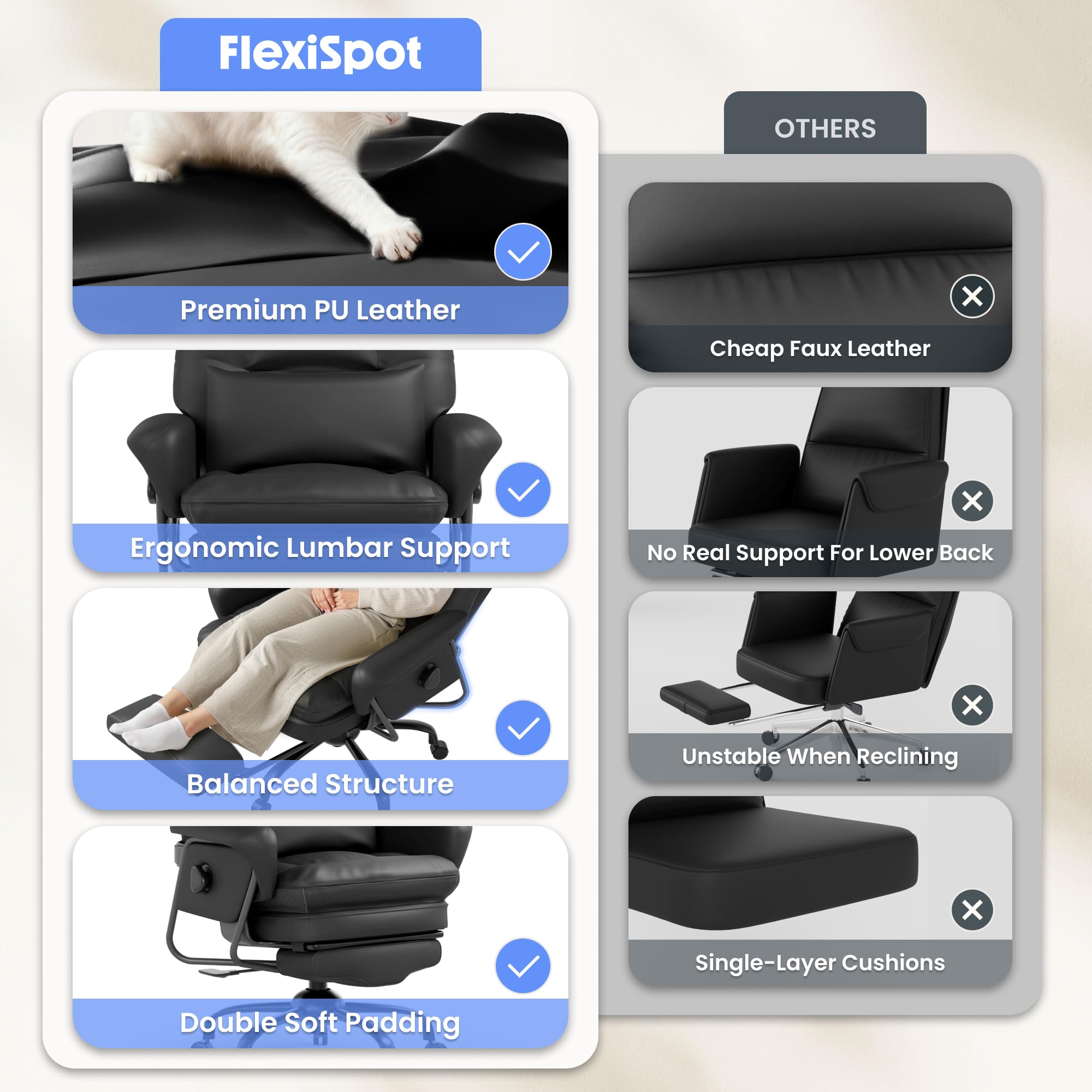 FLEXISPOT Luno Chefsessel Ergonomischer Bürostuhl mit Fußstütze | 160° Liegefunktion, Katzenkratzfestes Kunstleder Ideal zum Arbeiten, Entspannen & Mittagsschlaf Beige