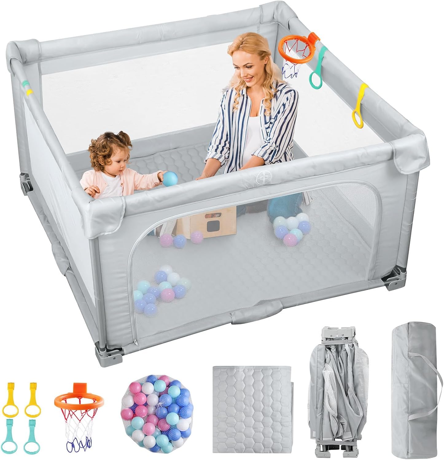 eSynic Corralito Bebé Portátil 127x127cm, Parque Infantil Plegable con Alfombrilla + 50 Bolas, Canasta Baloncesto, Malla Transpirable, 4 Agarraderas y Bolsa Transporte - Juegos Seguros para Bebés