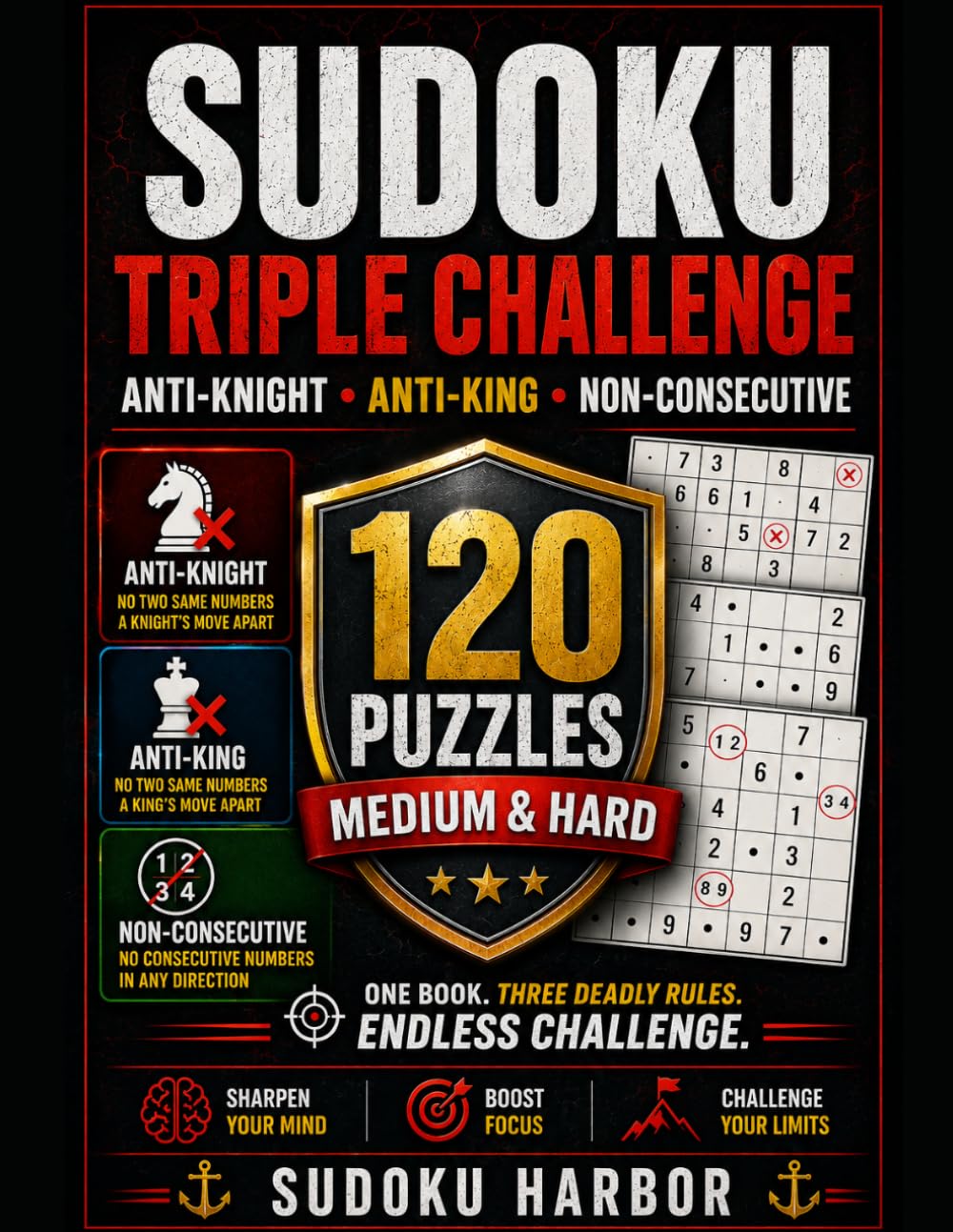 SUDOKU TRIPLE CHALLENGE: ANTI-KING, ANTI-KNIGHT, NON-CONSECUTIVE. 120 PUZZLE (MEDIUM & HARD)