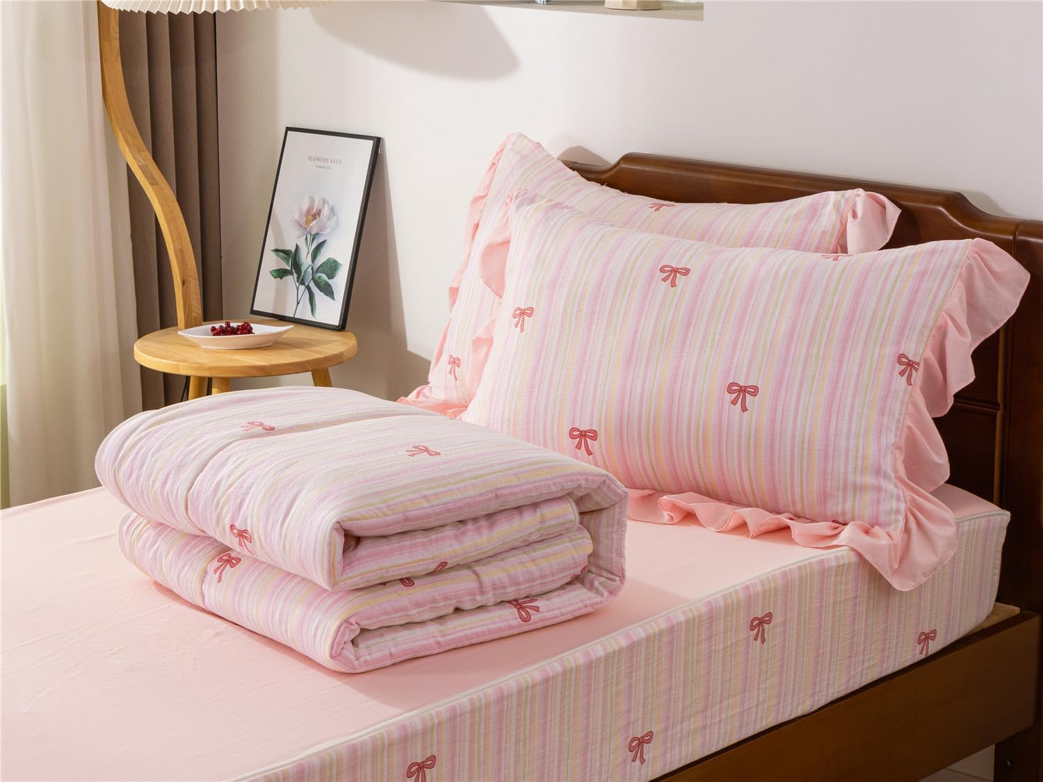 NTBED Rainbow Bow Printed Zipper Bedding Sets Twin for Kids Girls Lightweight Microfiber Stripe Comforter Set with Fitted Sheet Pillow Covers