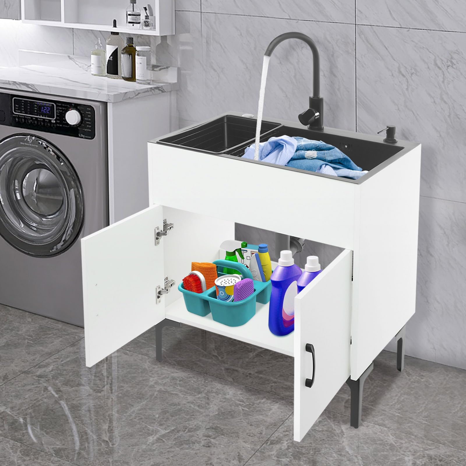 Spüle mit Unterschrank 68x45cm, Einbauspübe Küchen Waschbecken mit 360° Wasserhahn & Seifenspender, Freistehende Schrank Spüle für Küche, Waschküche, Schwarz mit Weißem Korpus (1 Becken)