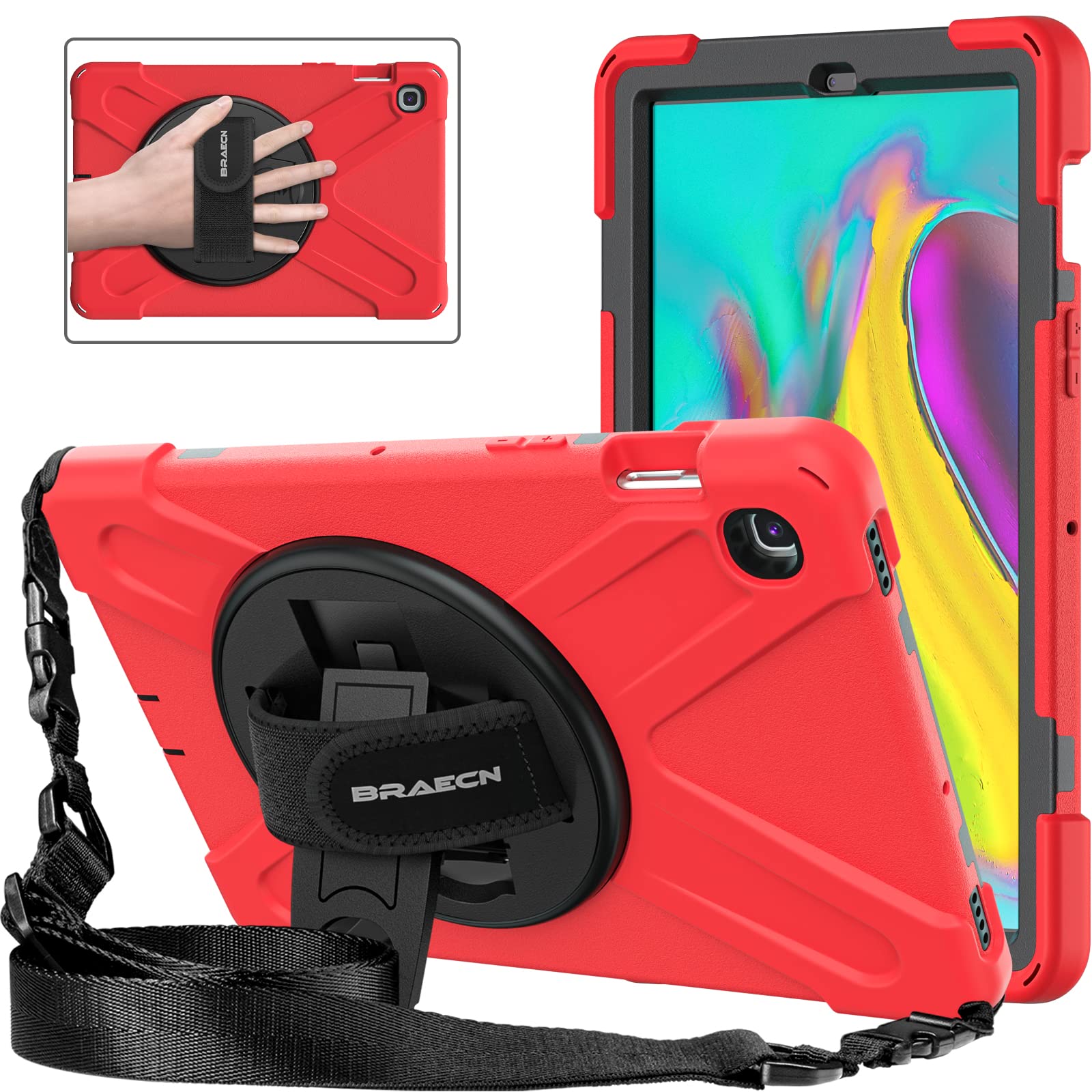 BRAECNstockBRAECNstock Galaxy Tab S5e 10.5 Inch 2019 T720 T725 Case, Heavy Duty Shockproof Cases with 360 Degree Rotating Hand Strap&Kickstand, Shoulder Strap for Galaxy Tab S5e Tablet -T720/T725 (Red)