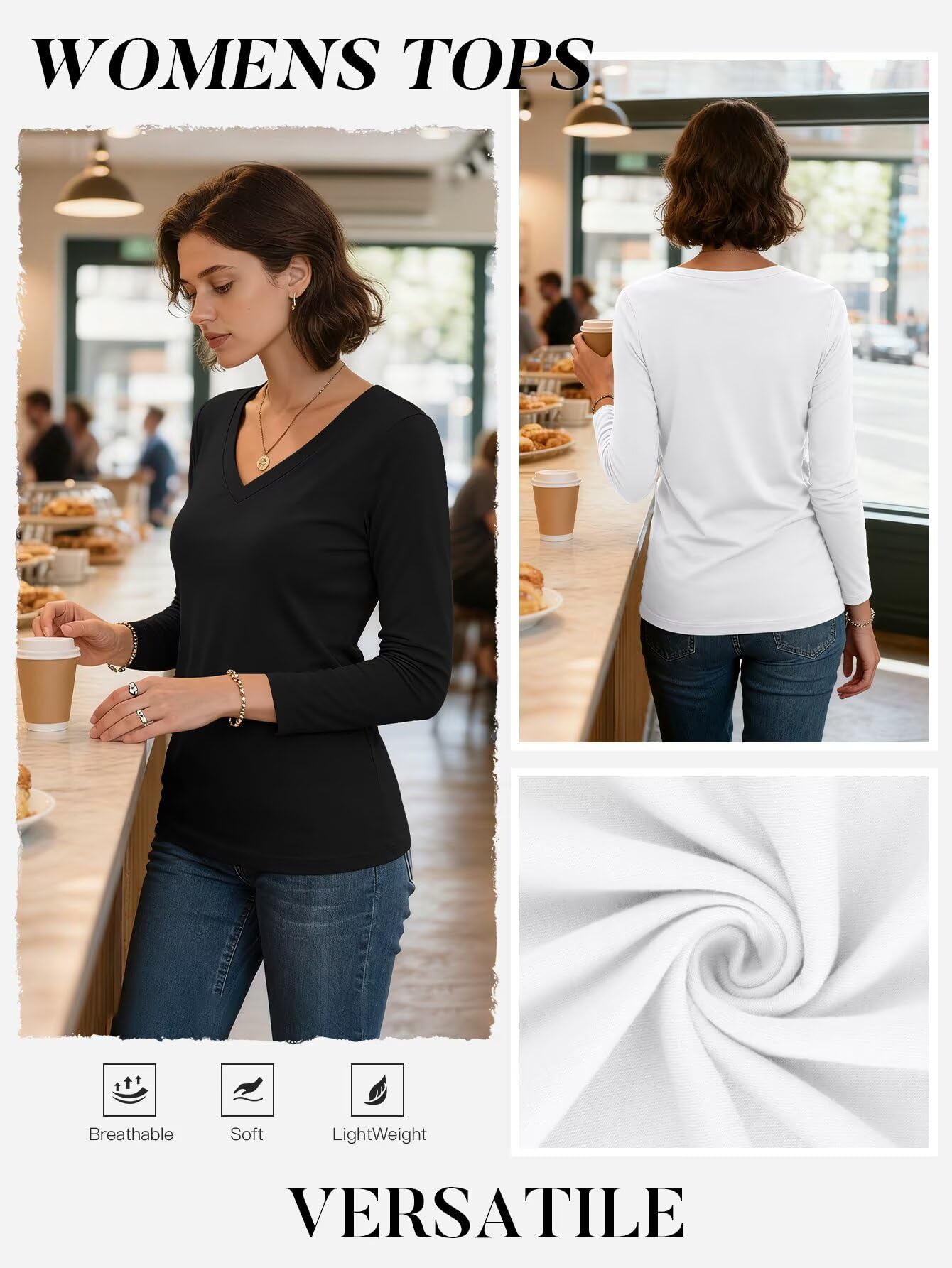 Bliwov Lot de 2 hauts à manches longues et col en V pour femme - Tenue d'automne et d'hiver - T-shirts tendance 2025