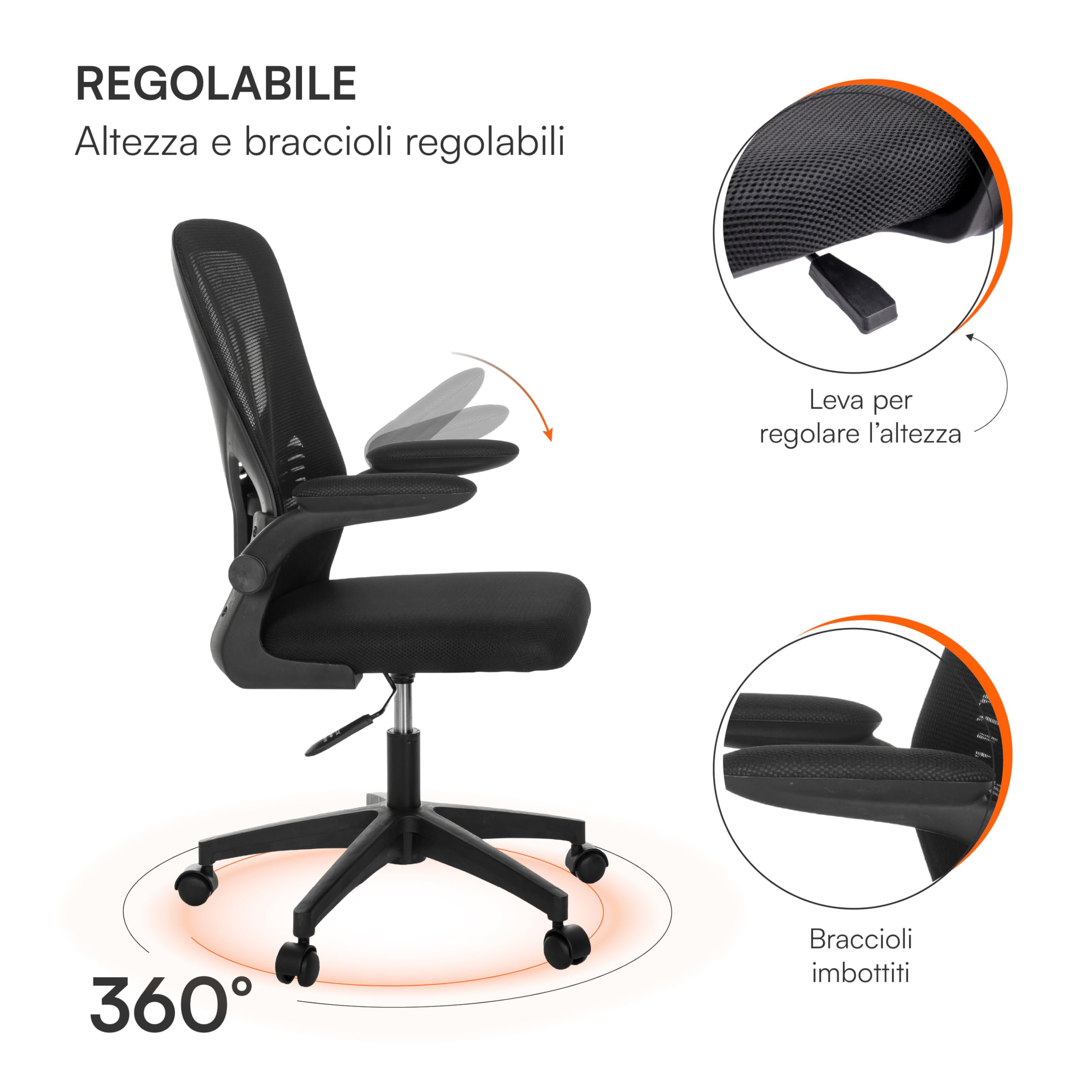 Baroni Home Sedia da Ufficio Ergonomica con Supporto Lombare, Braccioli Reclinabili Imbottiti, Schienale Traspirante, Altezza Regolabile 56x59x100cm (Nera)