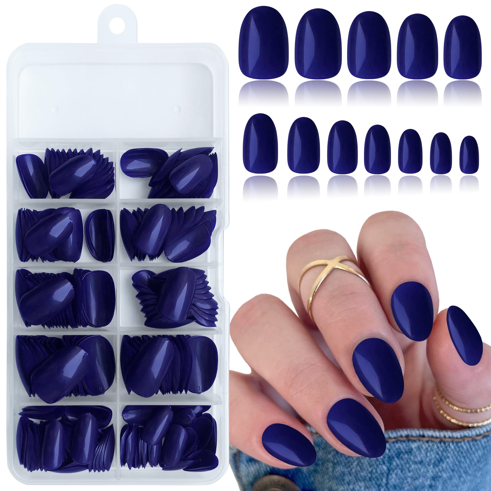 Lifextol Short Press on Nails Almond Fake Nails, 240 Round Almond Press on Nail Short Full Cover Acrylic Presson Nail Tips Navy Blue Artificial False