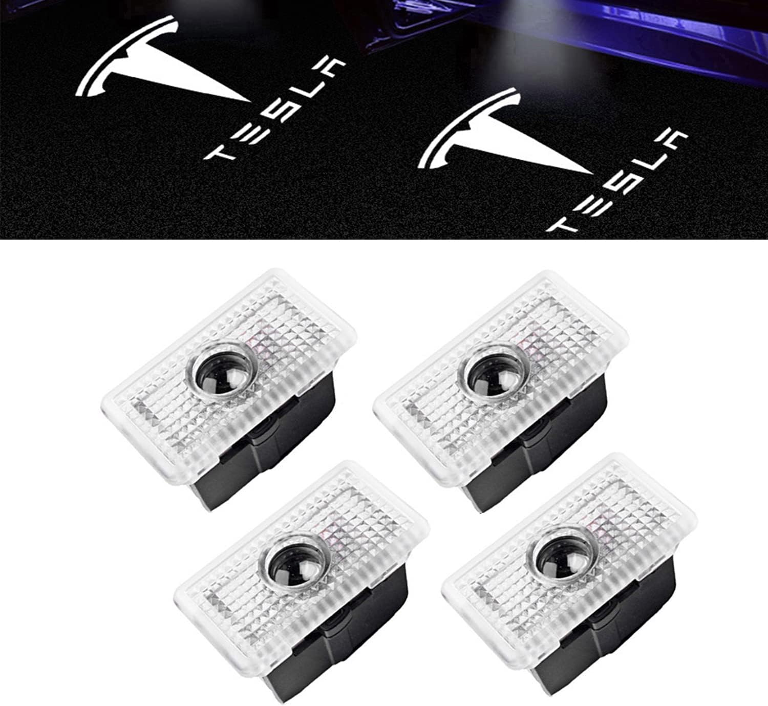 Car Door LED Logo Projector Light Compatible with Tesla Model S/3/X/Y - 4 Pack Ghost Shadow Welcome Puddle Lights Accessories