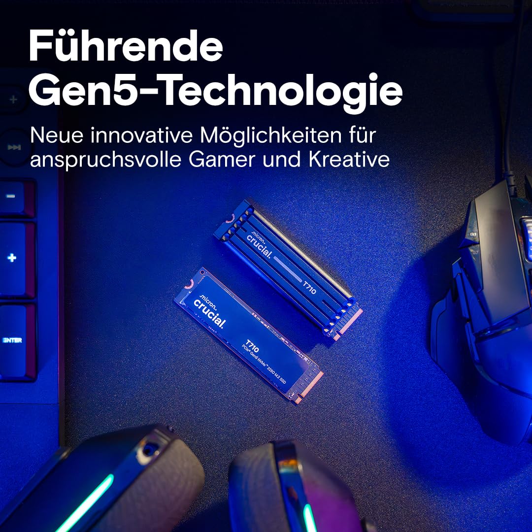 Crucial T710 SSD 4TB M.2 NVMe PCIe 5.0 x4 Gen5, bis zu 14.500 MB/s Lesen, 13.800 MB/s Schreiben, für Laptop und Desktop PC, TLC NAND, Interne Festplatte - CT4000T710SSD8-01