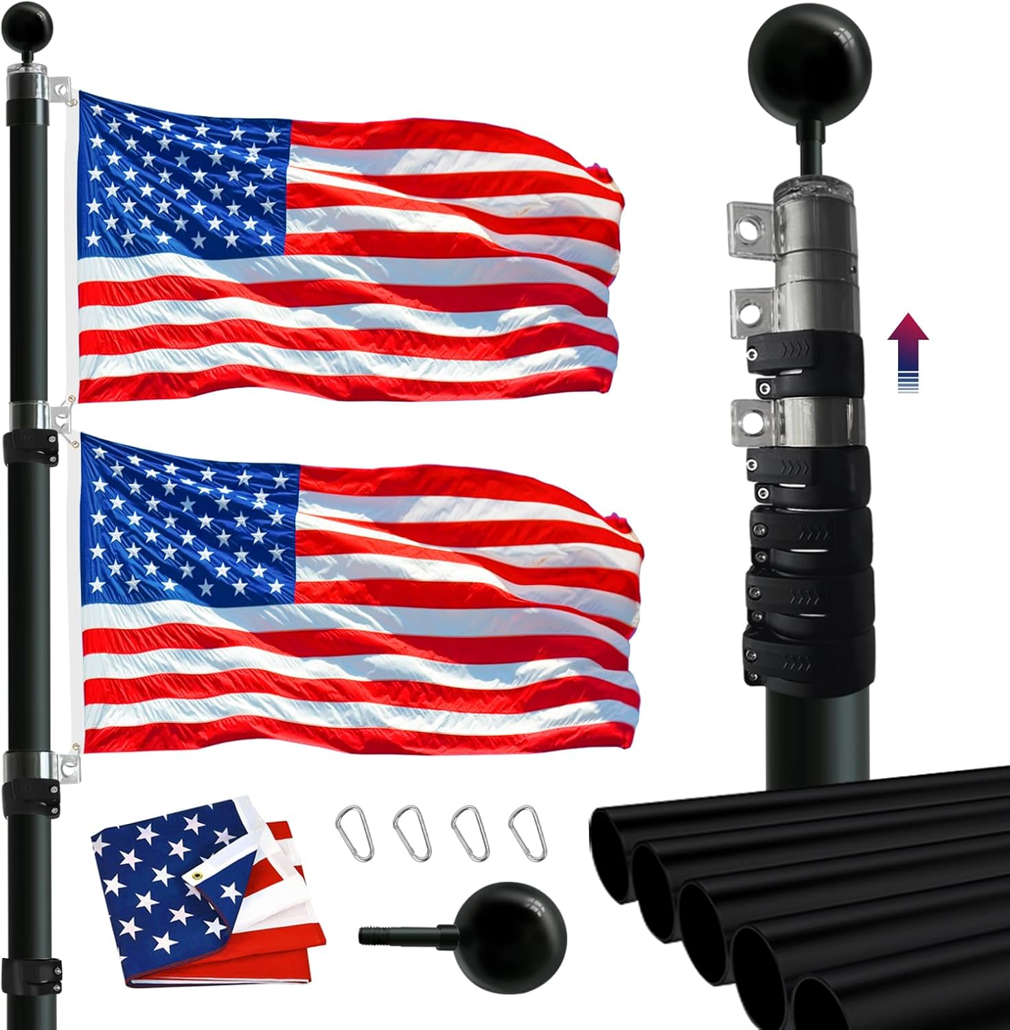 Telescopic Flag Pole Kit Height Adjustable Heavy Duty Aluminum Flagpoles with Two 3x5 American Flags & Golden Ball Topper for Yard House Ground Residential Commercial, Silver (Black, 20 FT) Black 20 FT