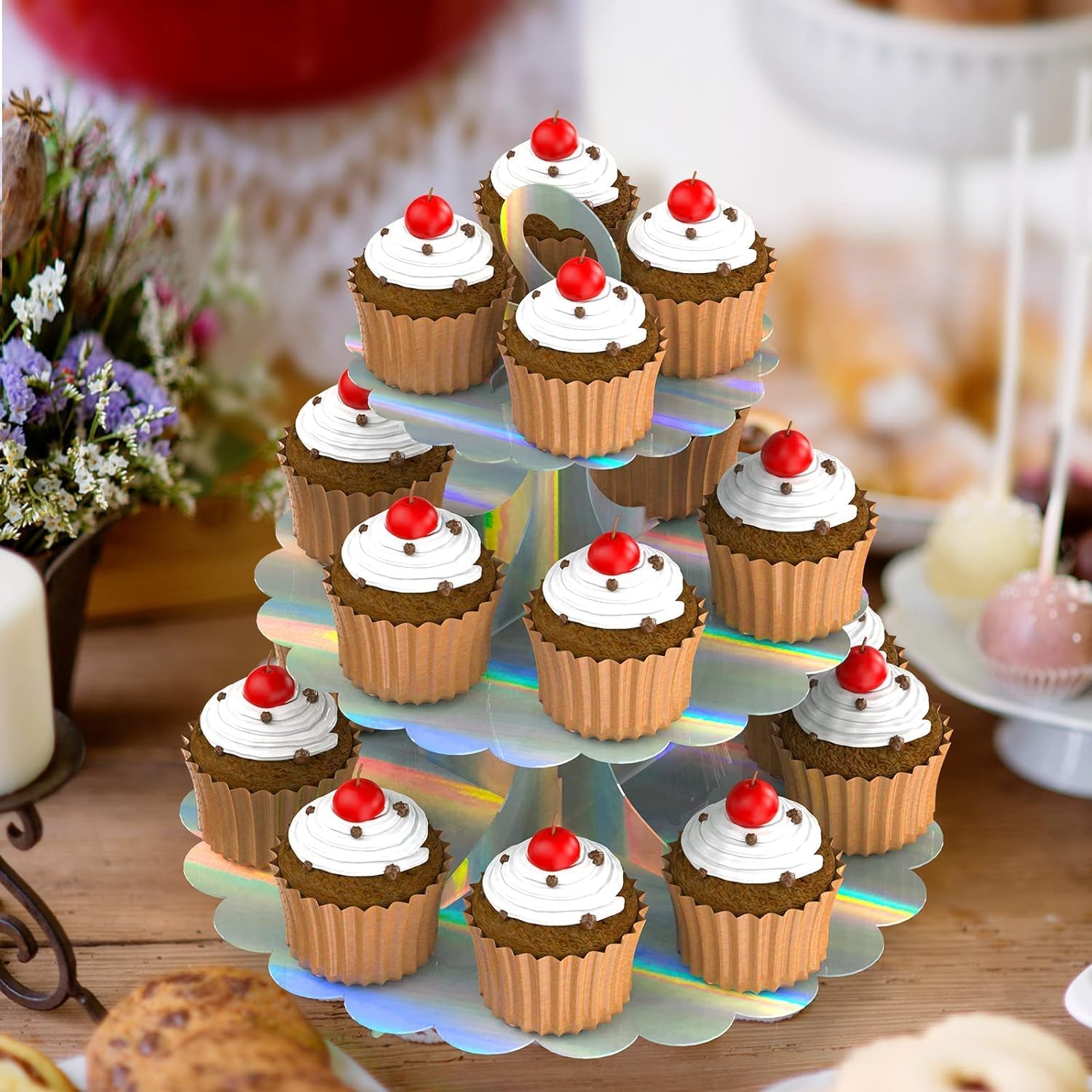 3-Tier Cupcake Stand Tower, Rainbow Silver Cardboard Cake Holder for Birthday Wedding Party Displays, Laser Silver Design - Space-Saving Dessert Table Decor (1 Pack)