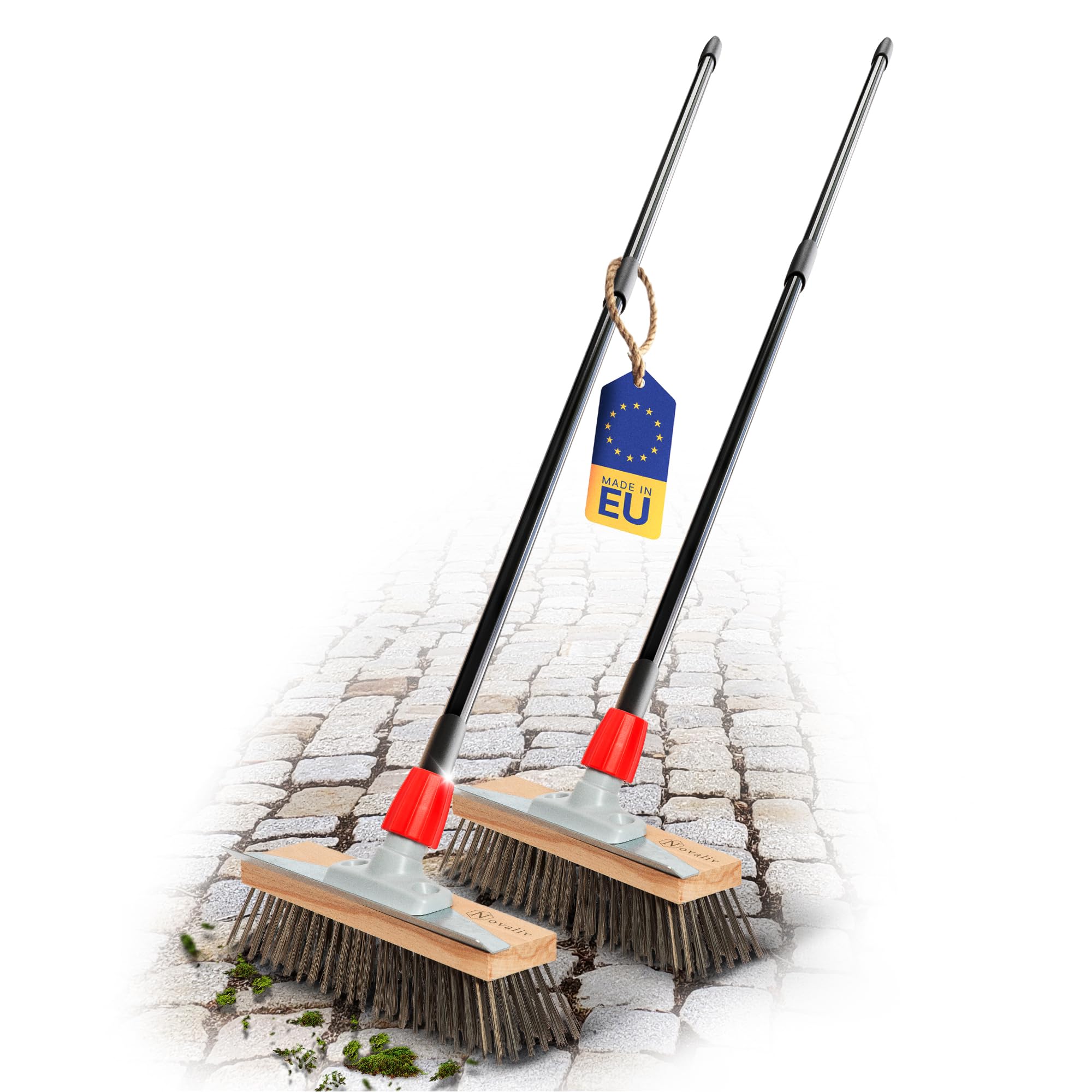 Novaliv 2 spazzole robuste con manico in acciaio, con manico telescopico, efficace rimozione del muschio, per pavimentazione e giardino, scopa in acciaio, raschietto per muschio, scopa per pizza