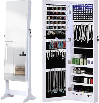 GISSAR Jewelry Organizer Full Length Mirror Jewelry Cabinet Standing/Wall/Hanging Door Jewelry Armoire Storage with Lights, Lockable, White