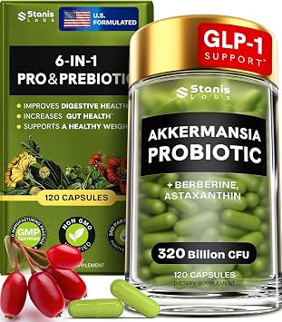 Akkermansia Muciniphila Probiotics 320 Billion CFU| Probiotic and Prebiotic | Akkermansia Probiotics for gut health | Inulin Prebiotic Fiber Capsules Astaxanthin & Berberine & Chromium | 120 capsules